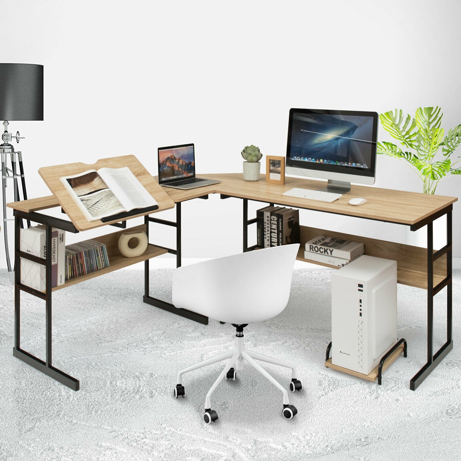 L-Shaped Computer Desk with Tiltable Tabletop-NaturalÂ
