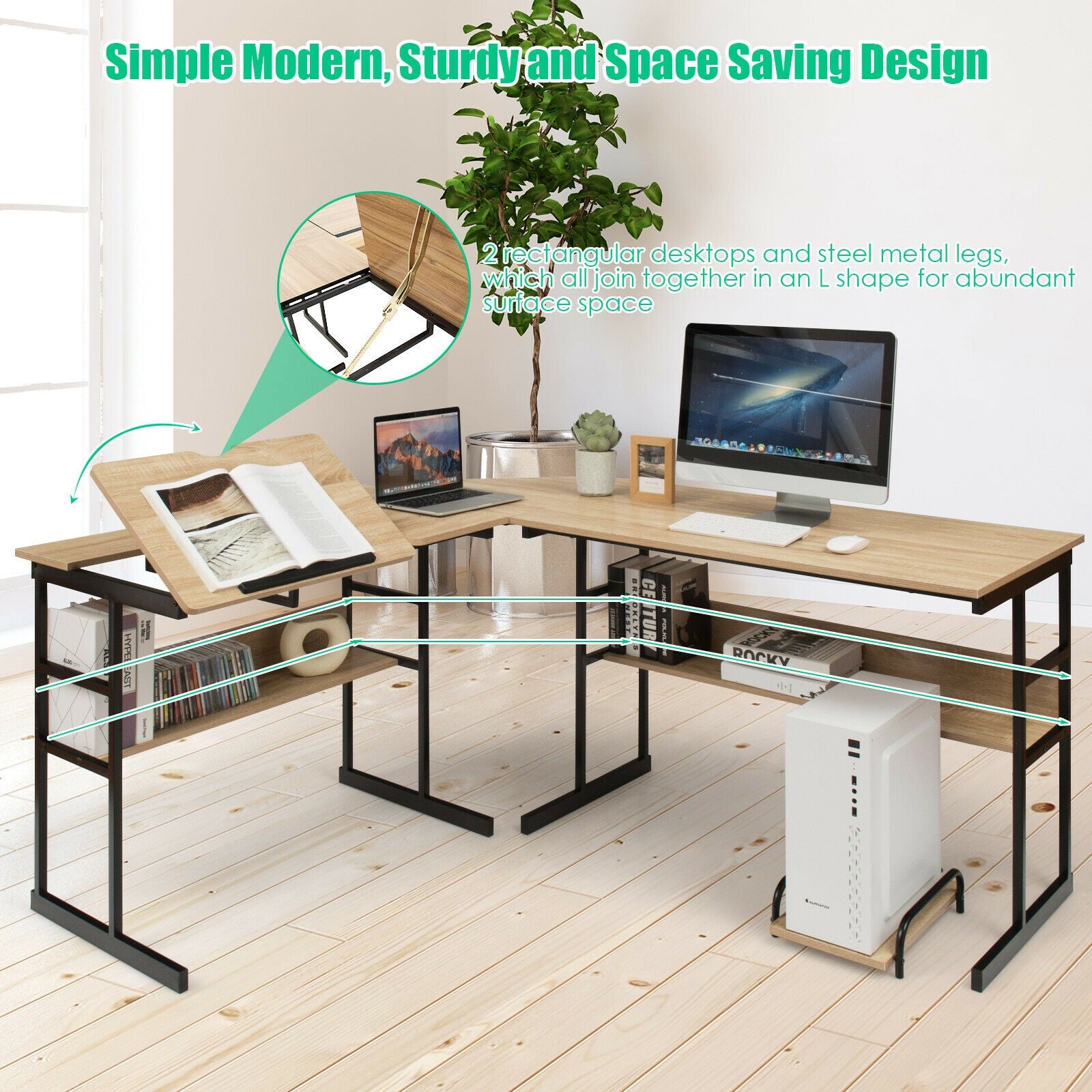 L-Shaped Computer Desk with Tiltable Tabletop-NaturalÂ