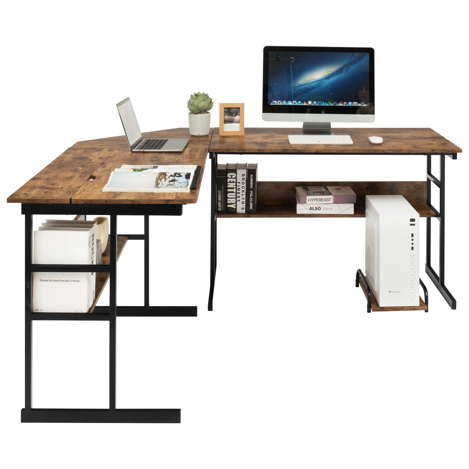 L-Shaped Computer Desk with Tiltable Tabletop-Rustic BrownÂ