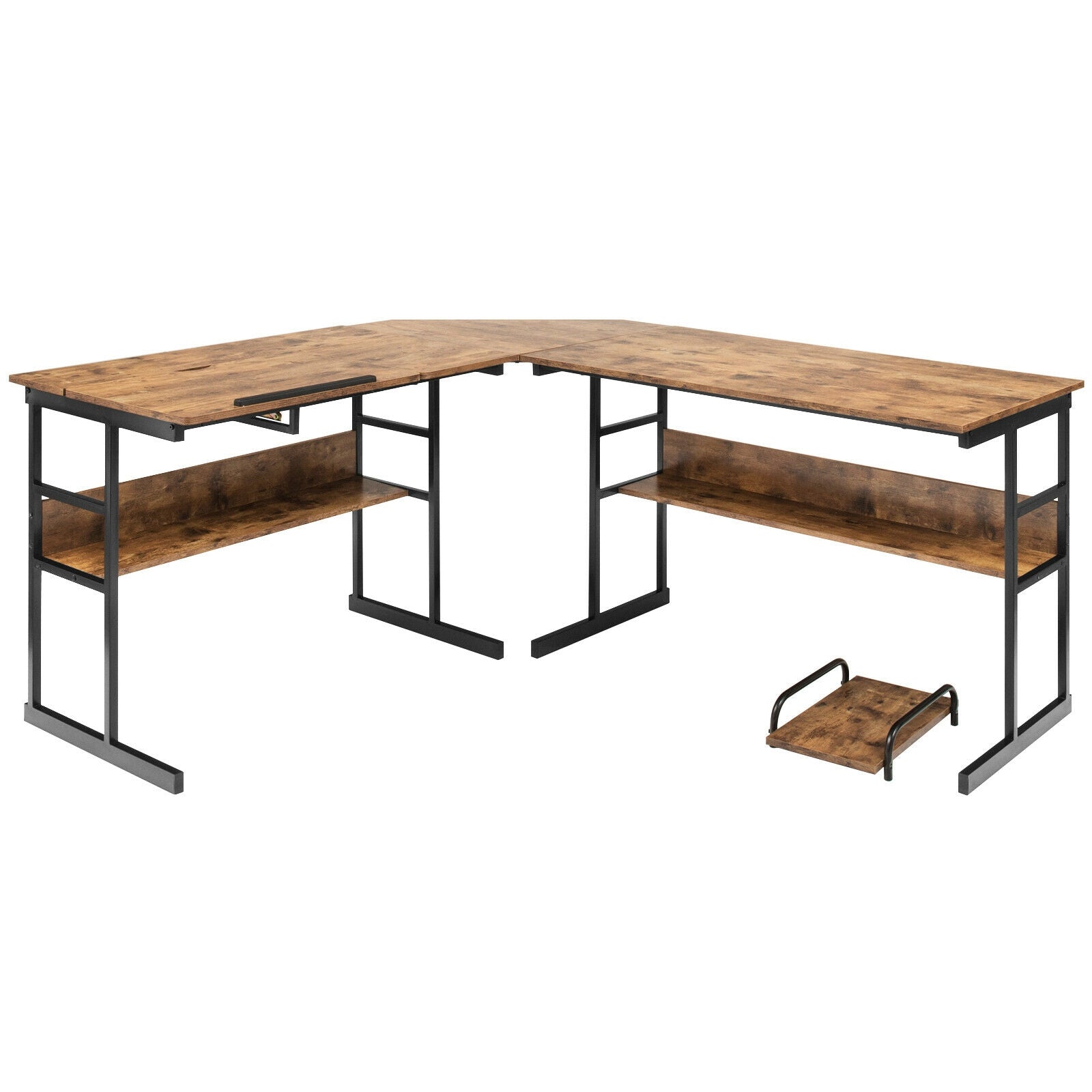 L-Shaped Computer Desk with Tiltable Tabletop-Rustic BrownÂ