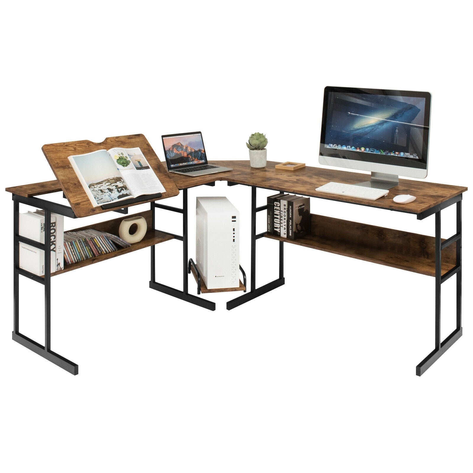 L-Shaped Computer Desk with Tiltable Tabletop-Rustic BrownÂ