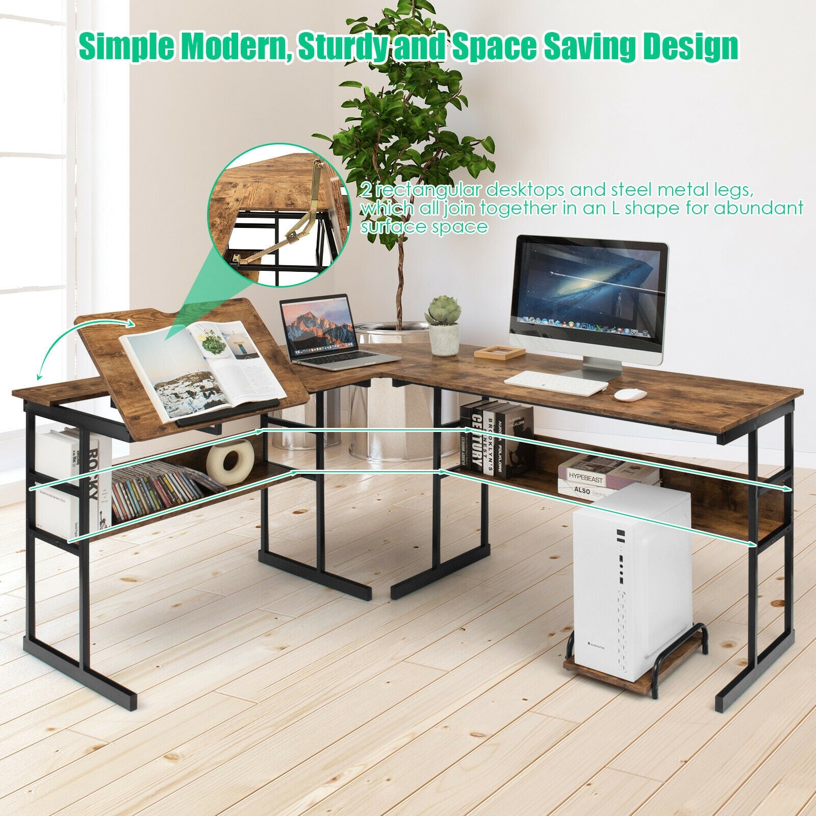 L-Shaped Computer Desk with Tiltable Tabletop-Rustic BrownÂ