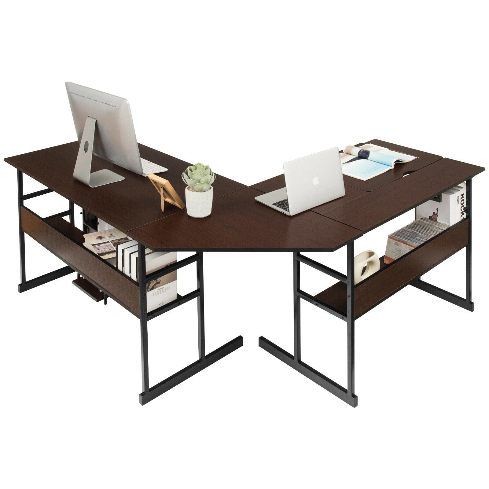 L-Shaped Computer Desk with Tiltable Tabletop-BrownÂ