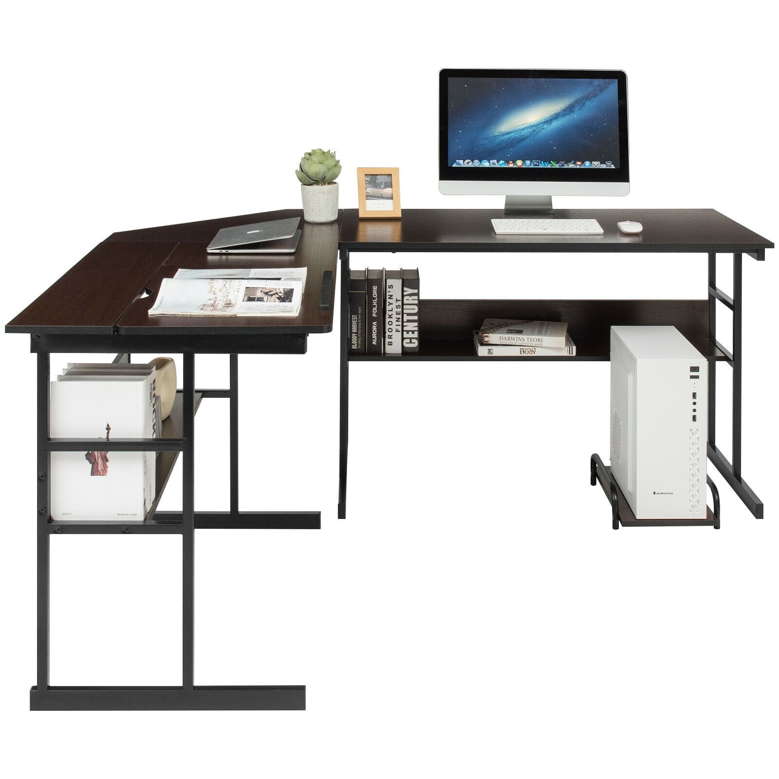 L-Shaped Computer Desk with Tiltable Tabletop-BrownÂ