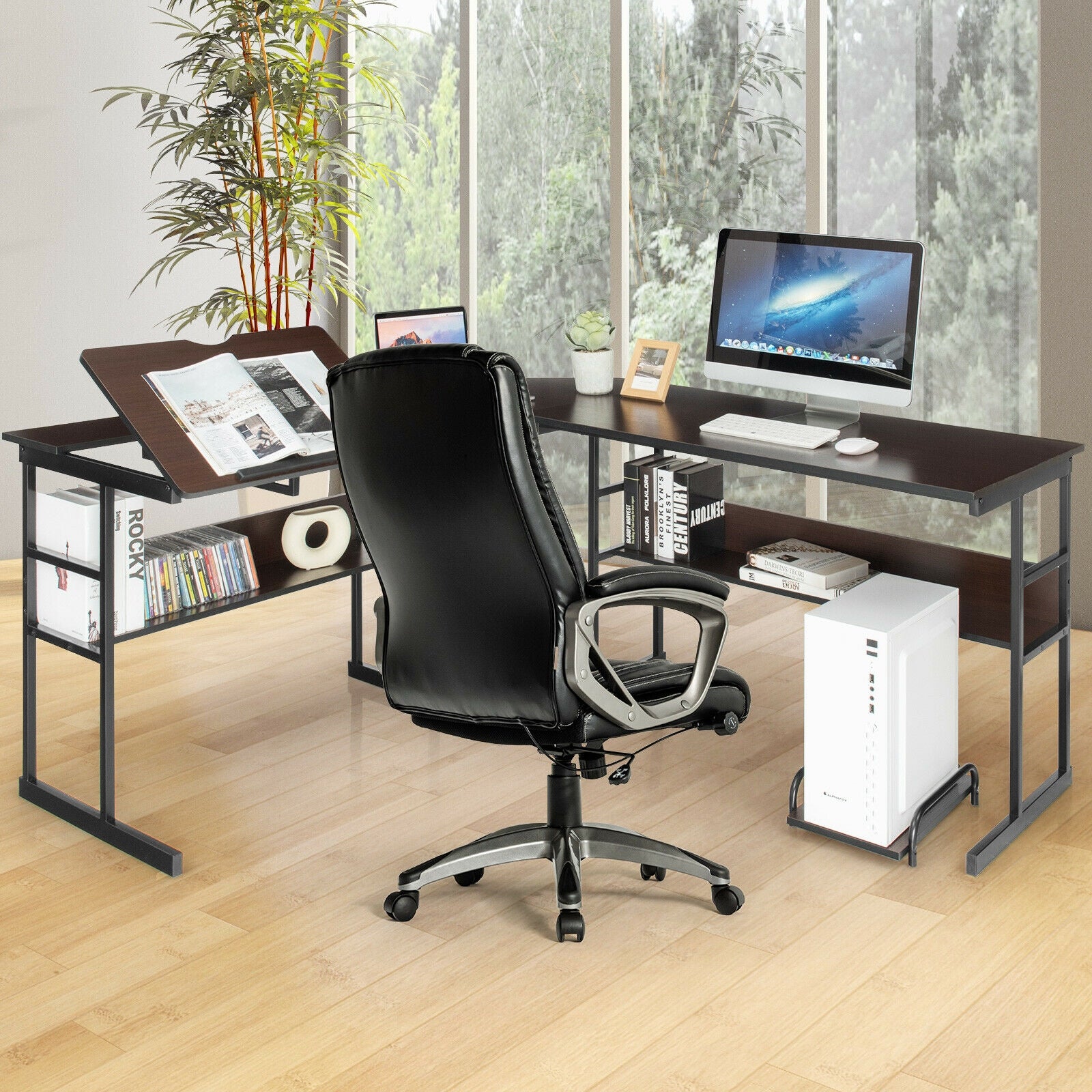 L-Shaped Computer Desk with Tiltable Tabletop-BrownÂ