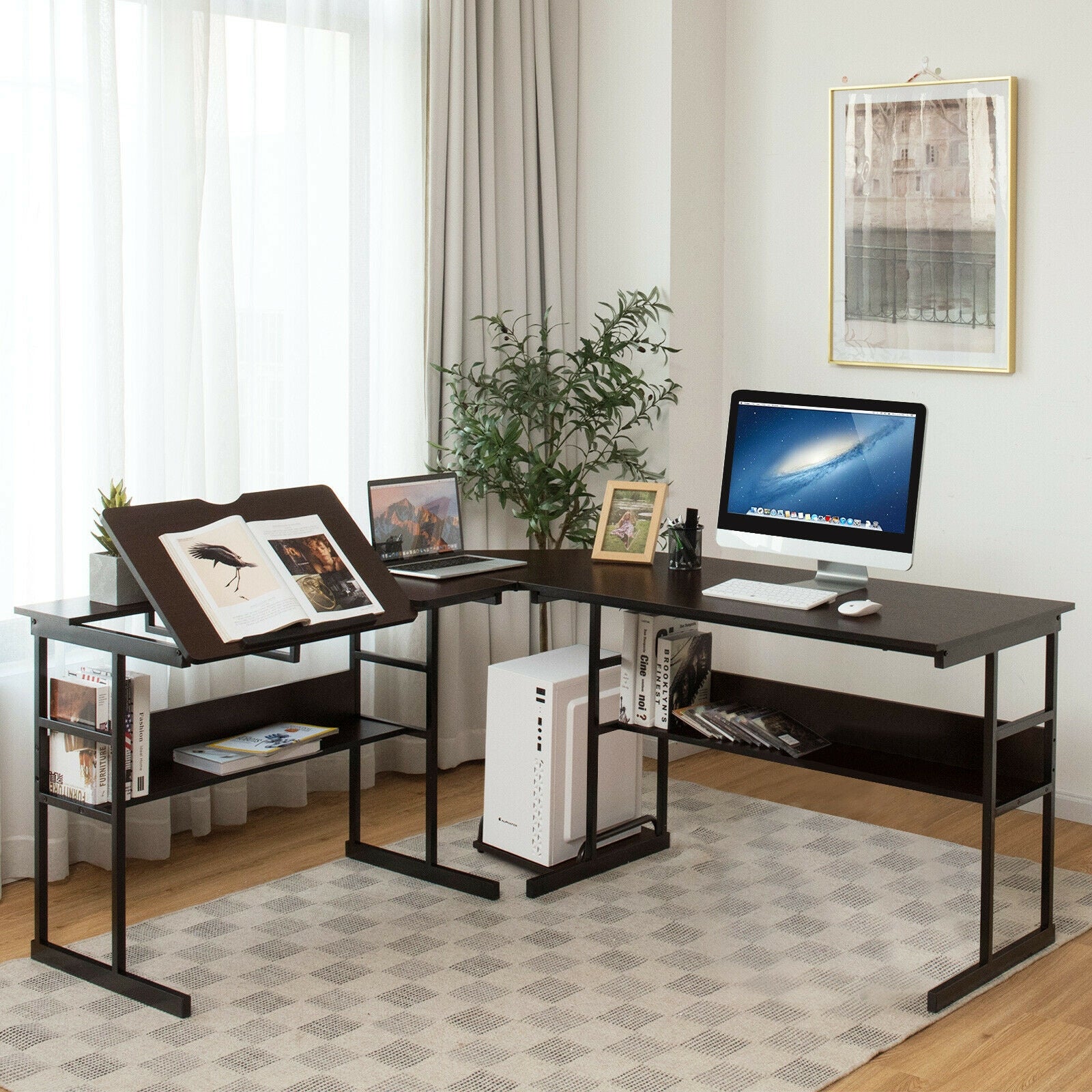 L-Shaped Computer Desk with Tiltable Tabletop-BrownÂ