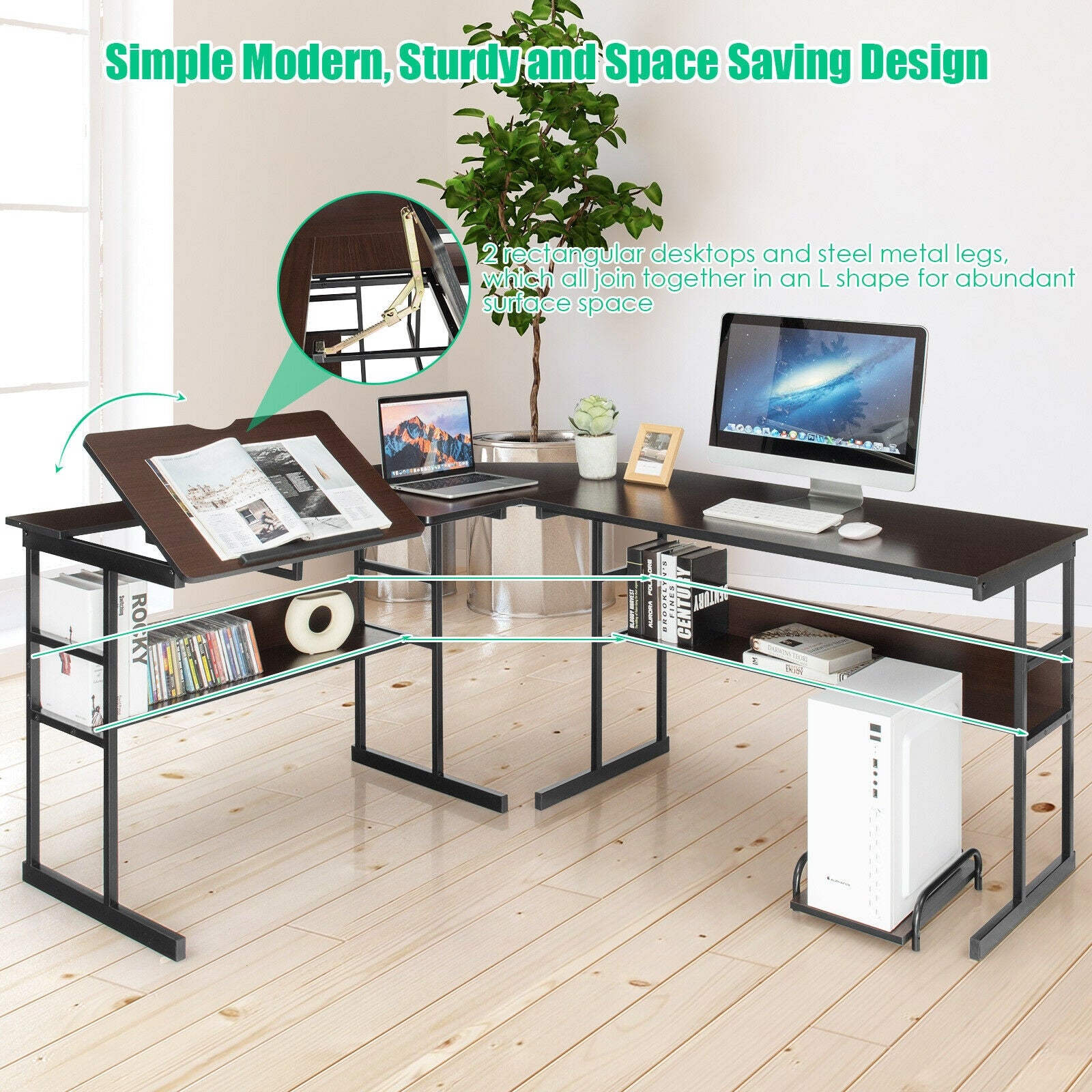 L-Shaped Computer Desk with Tiltable Tabletop-BrownÂ