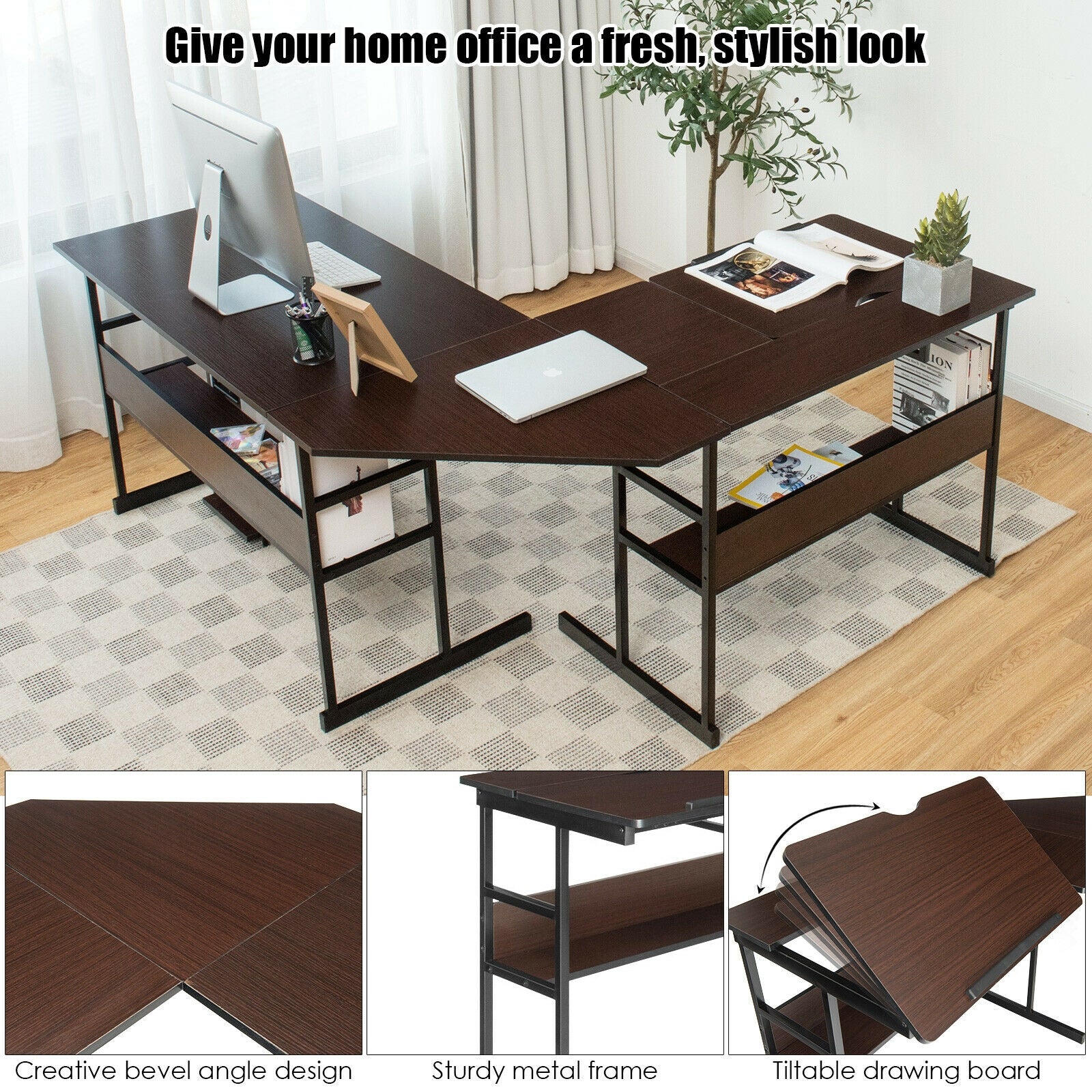 L-Shaped Computer Desk with Tiltable Tabletop-BrownÂ