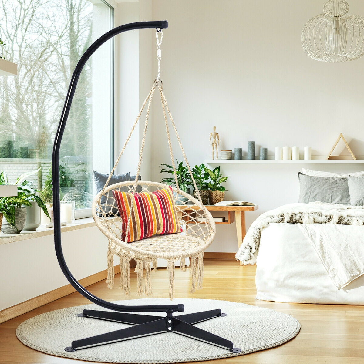 Hanging Macrame Hammock Chair with Handwoven Cotton Backrest-NaturalÂ