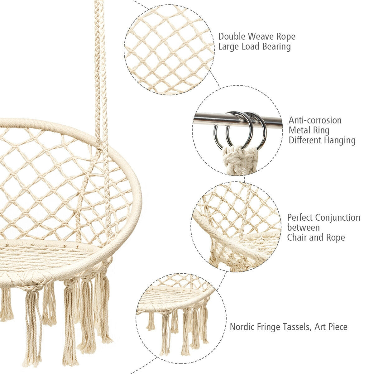 Hanging Macrame Hammock Chair with Handwoven Cotton Backrest-NaturalÂ