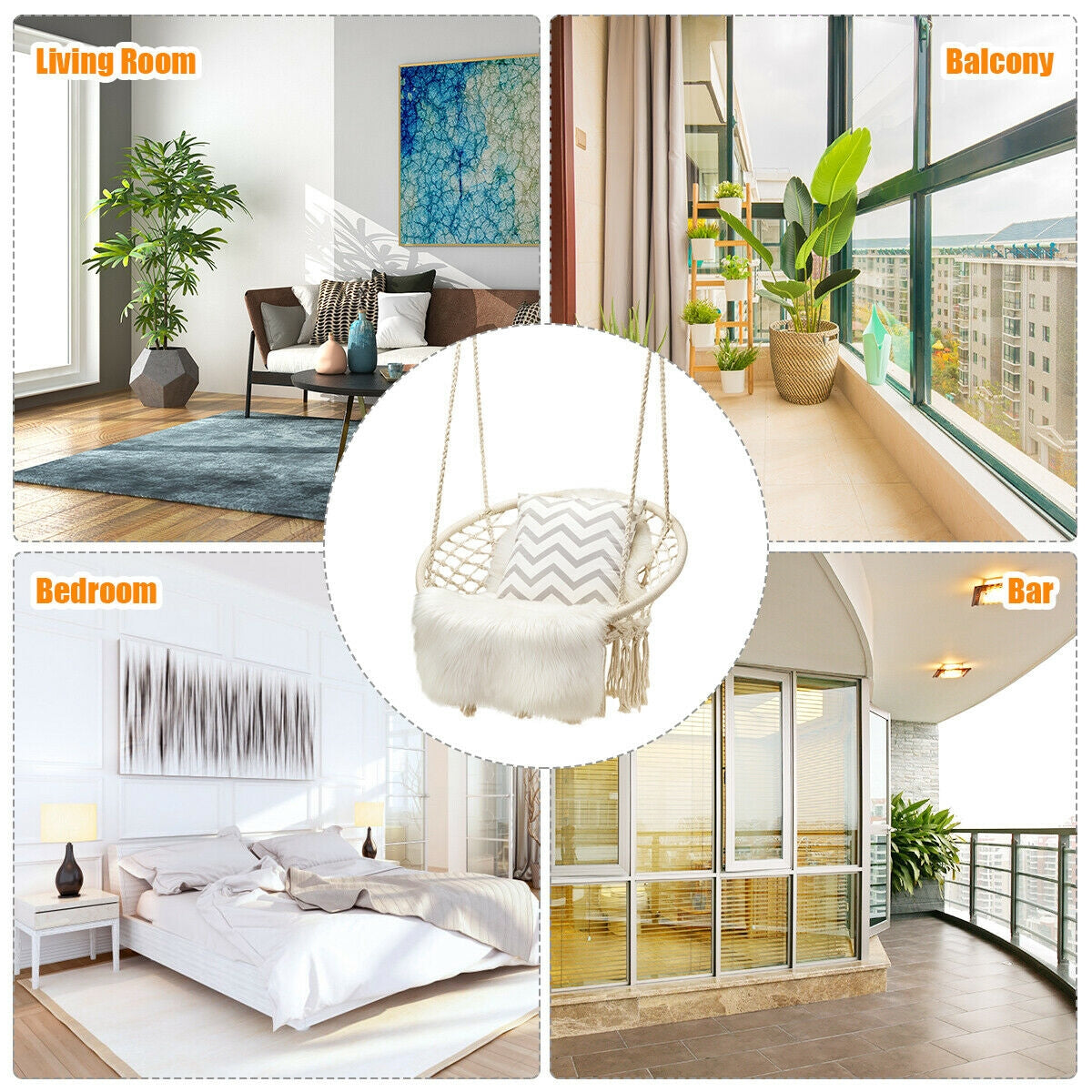 Hanging Macrame Hammock Chair with Handwoven Cotton Backrest-NaturalÂ