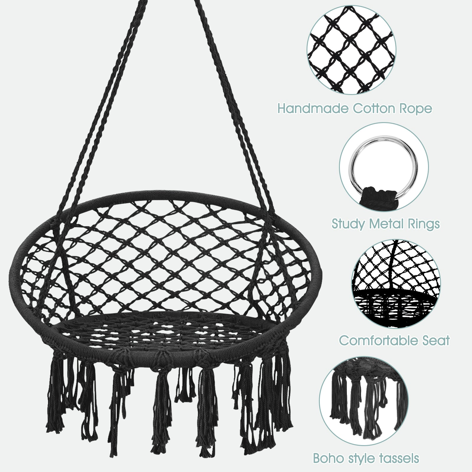 Hanging Macrame Hammock Chair with Handwoven Cotton Backrest-BlackÂ