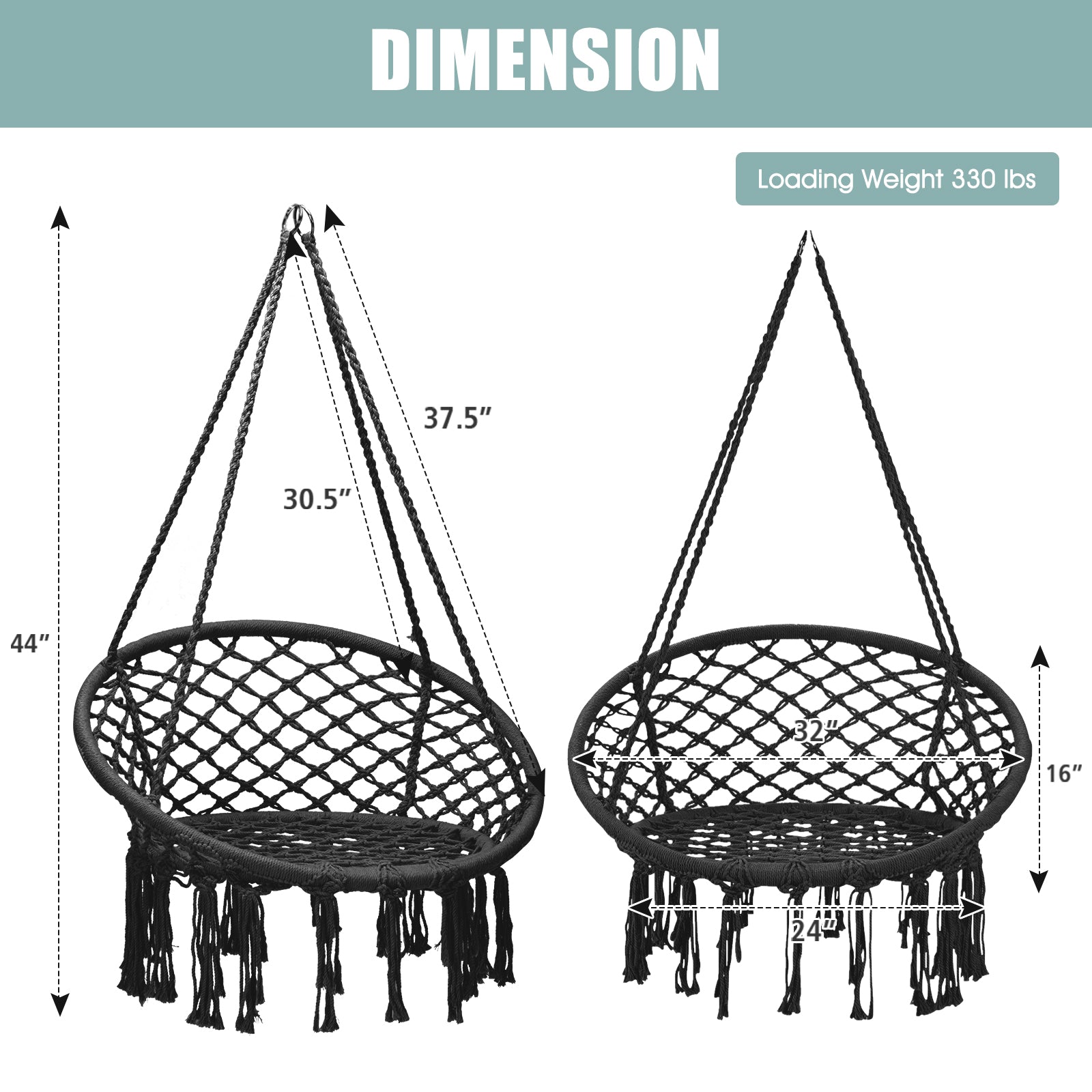 Hanging Macrame Hammock Chair with Handwoven Cotton Backrest-BlackÂ