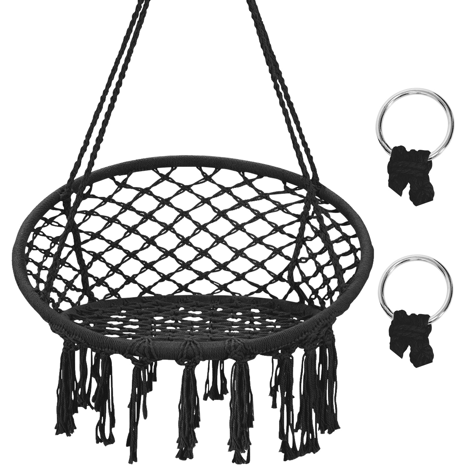 Hanging Macrame Hammock Chair with Handwoven Cotton Backrest-BlackÂ