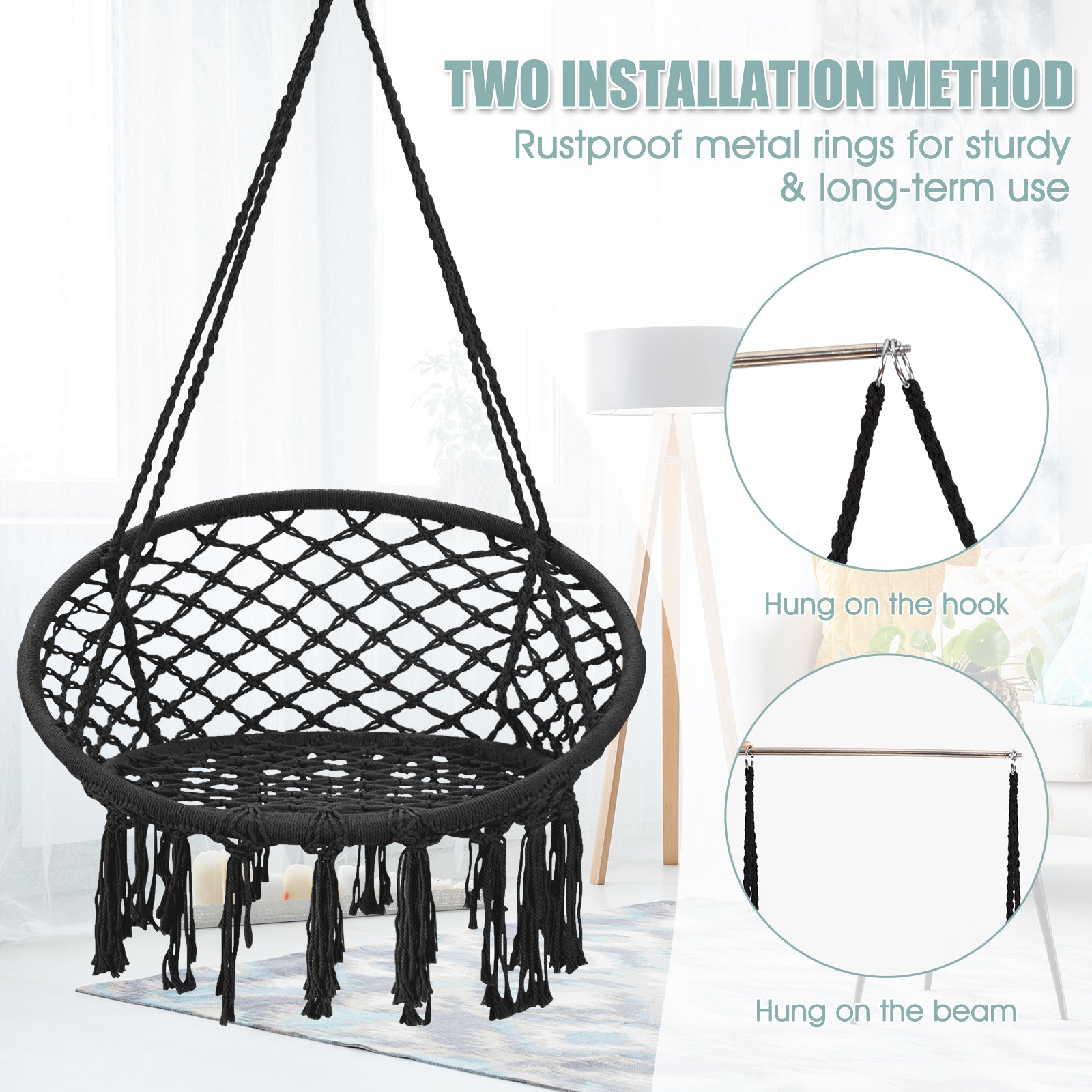 Hanging Macrame Hammock Chair with Handwoven Cotton Backrest-BlackÂ