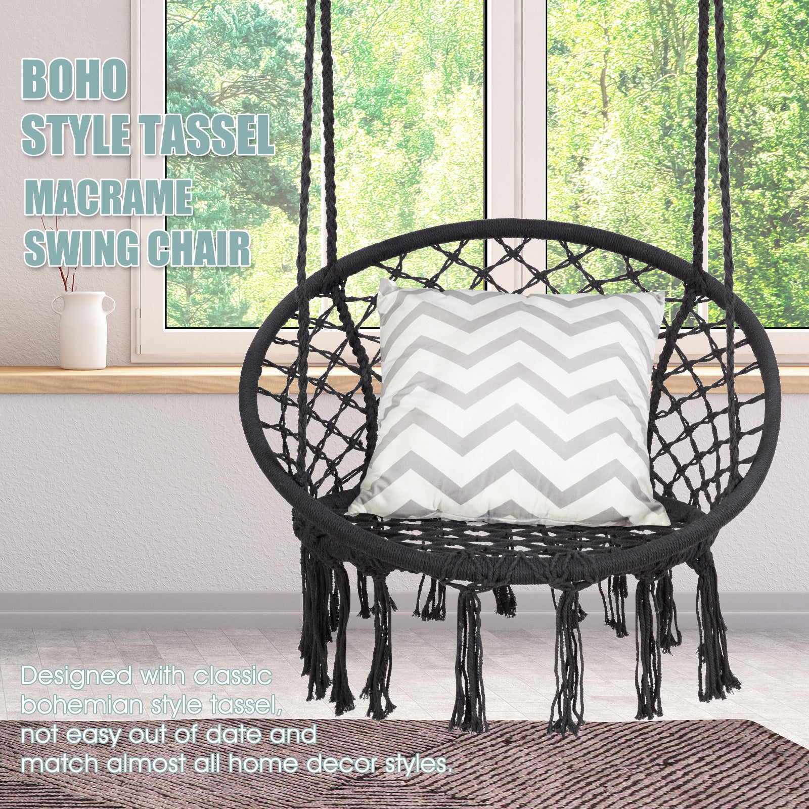 Hanging Macrame Hammock Chair with Handwoven Cotton Backrest-BlackÂ