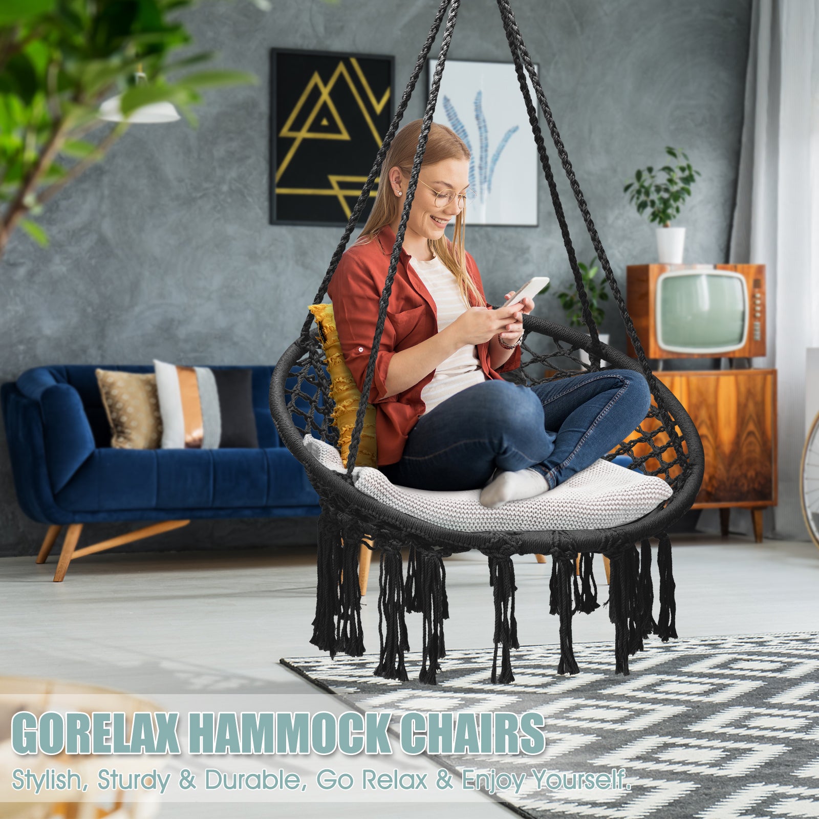 Hanging Macrame Hammock Chair with Handwoven Cotton Backrest-BlackÂ