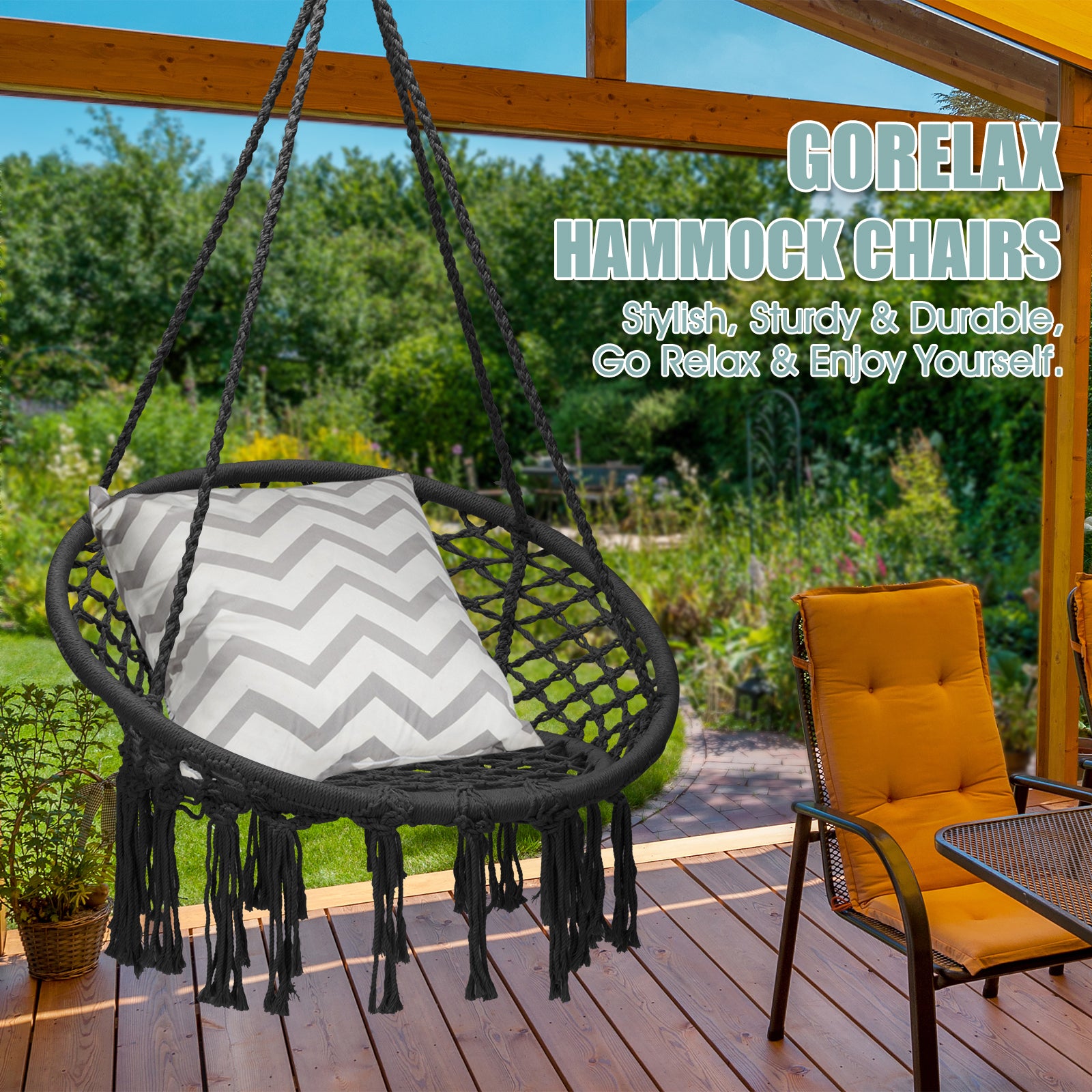 Hanging Macrame Hammock Chair with Handwoven Cotton Backrest-BlackÂ