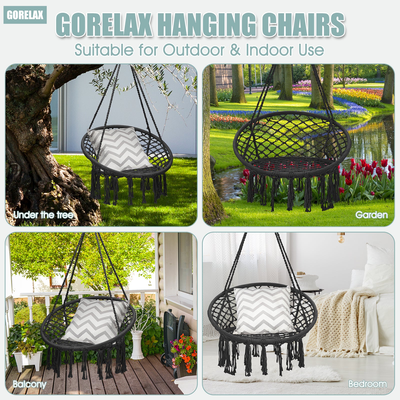 Hanging Macrame Hammock Chair with Handwoven Cotton Backrest-BlackÂ