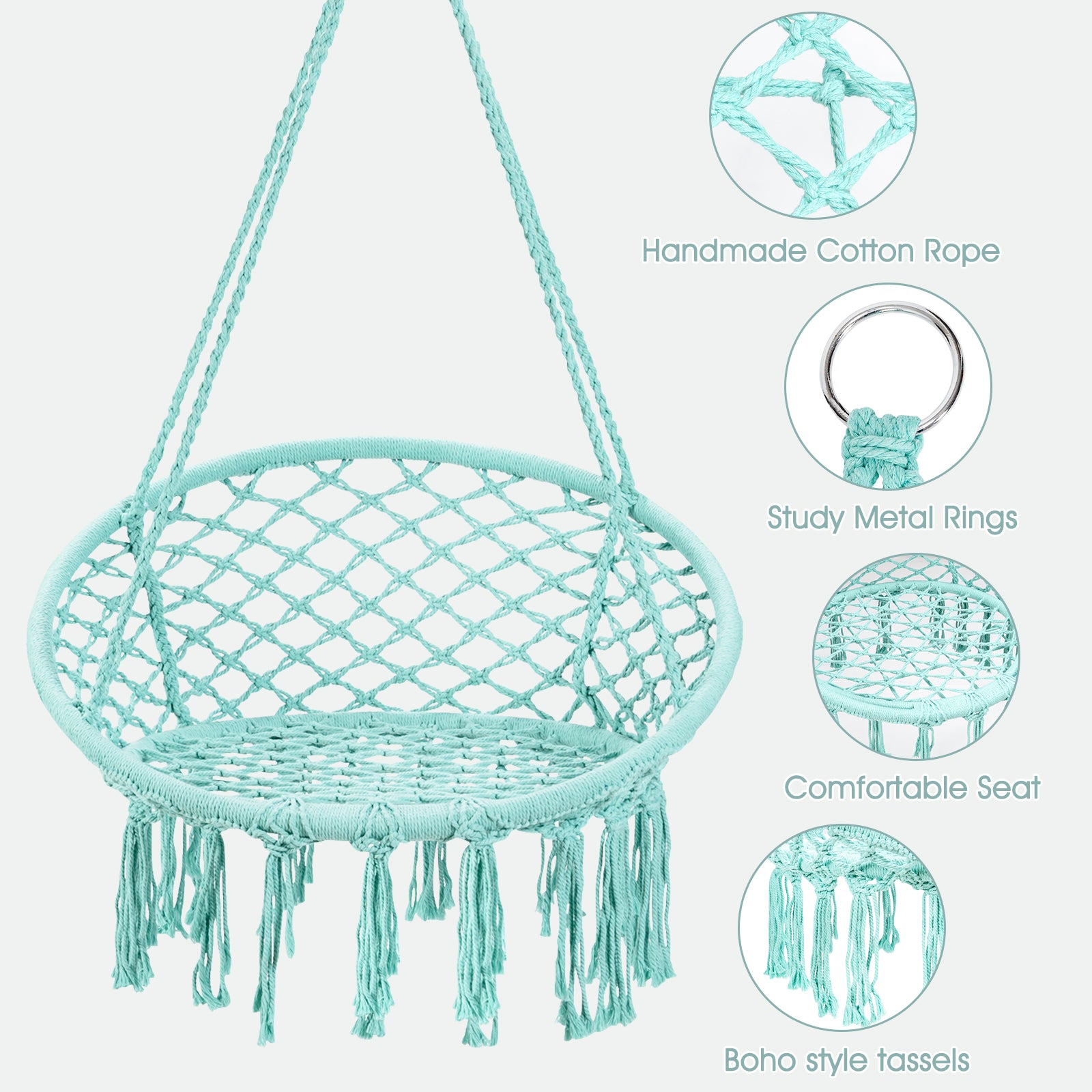 Hanging Macrame Hammock Chair with Handwoven Cotton Backrest-TurquoiseÂ