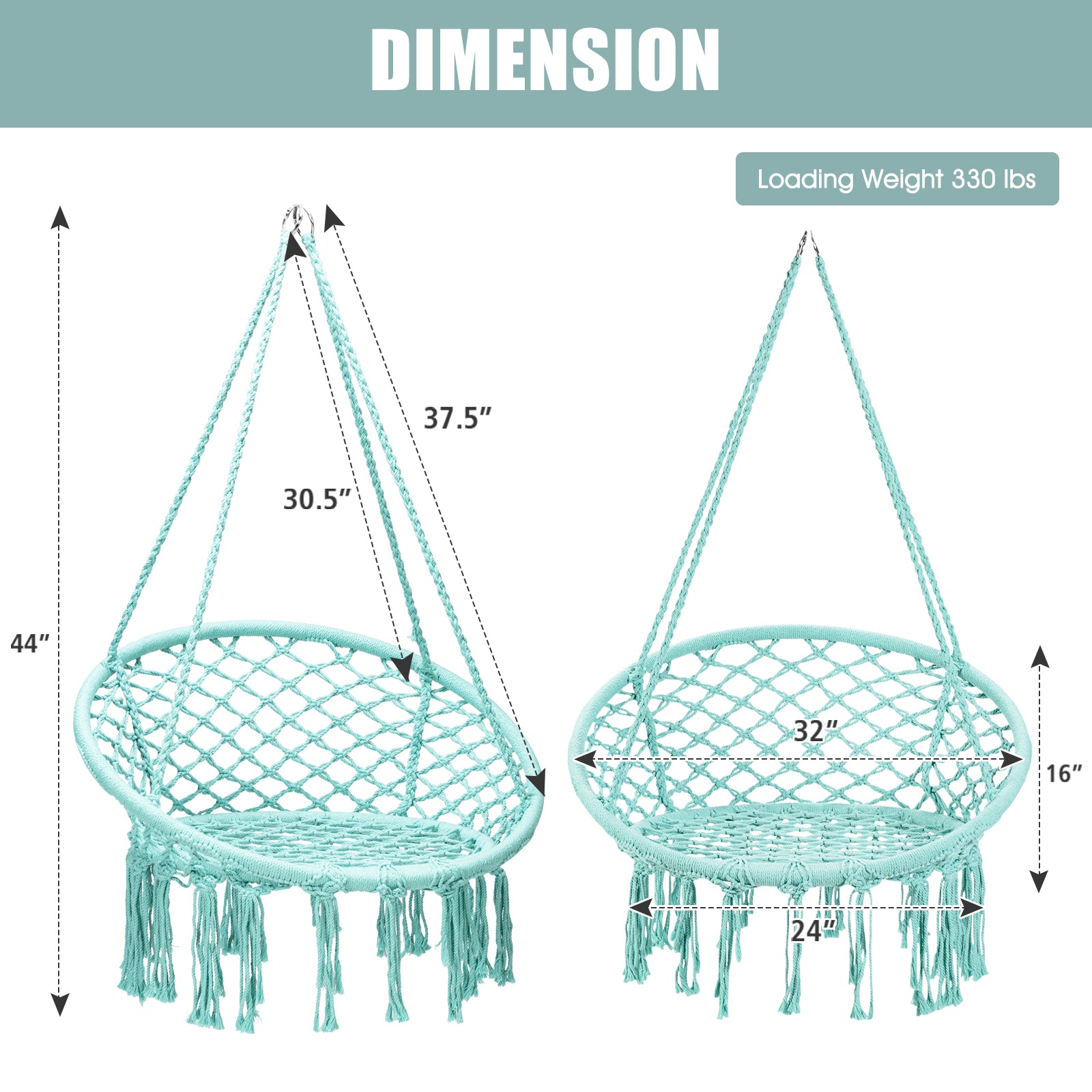 Hanging Macrame Hammock Chair with Handwoven Cotton Backrest-TurquoiseÂ