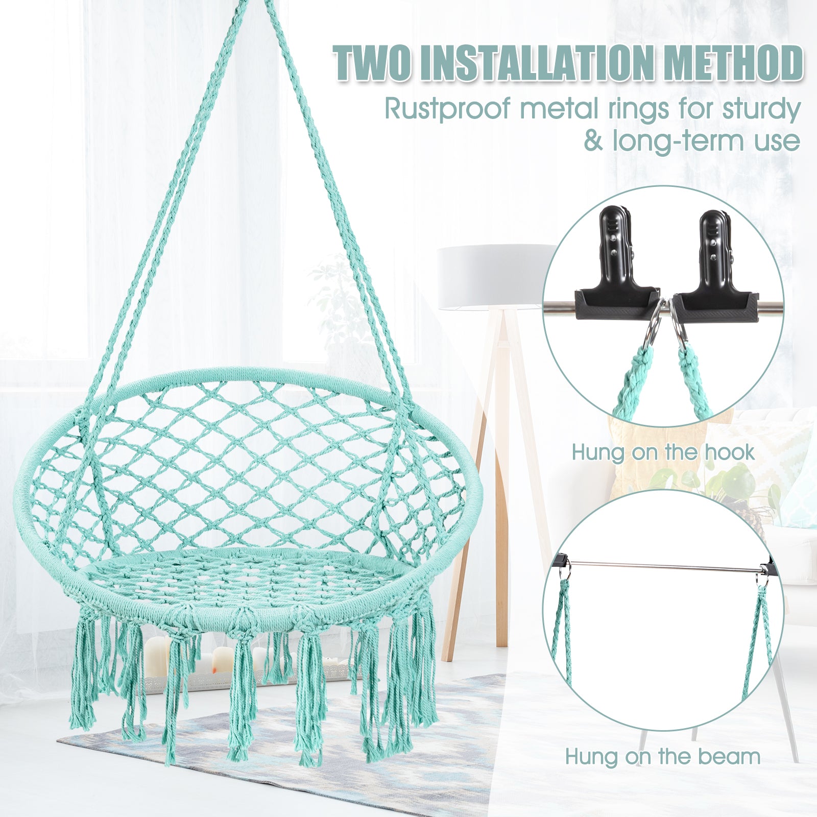 Hanging Macrame Hammock Chair with Handwoven Cotton Backrest-TurquoiseÂ