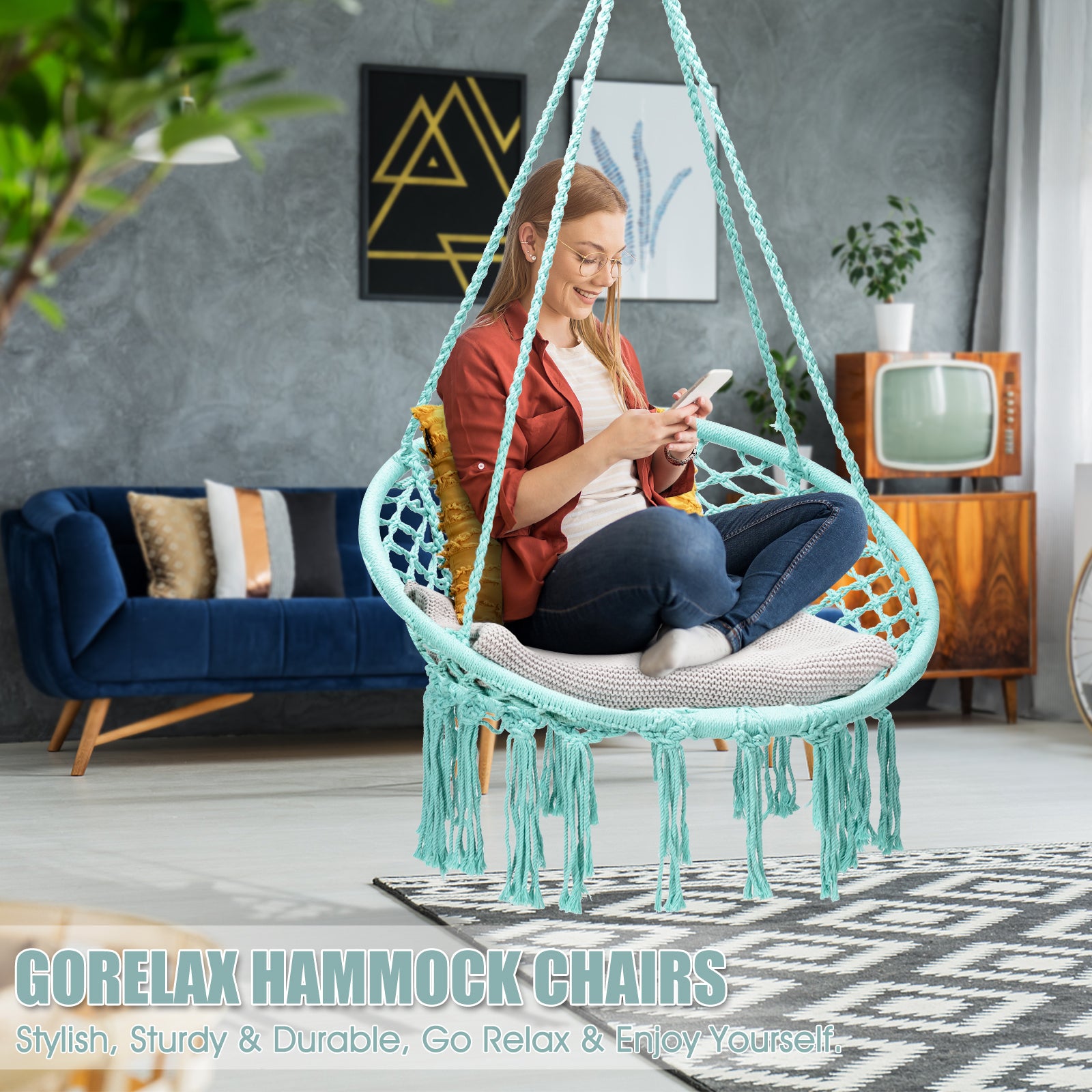 Hanging Macrame Hammock Chair with Handwoven Cotton Backrest-TurquoiseÂ