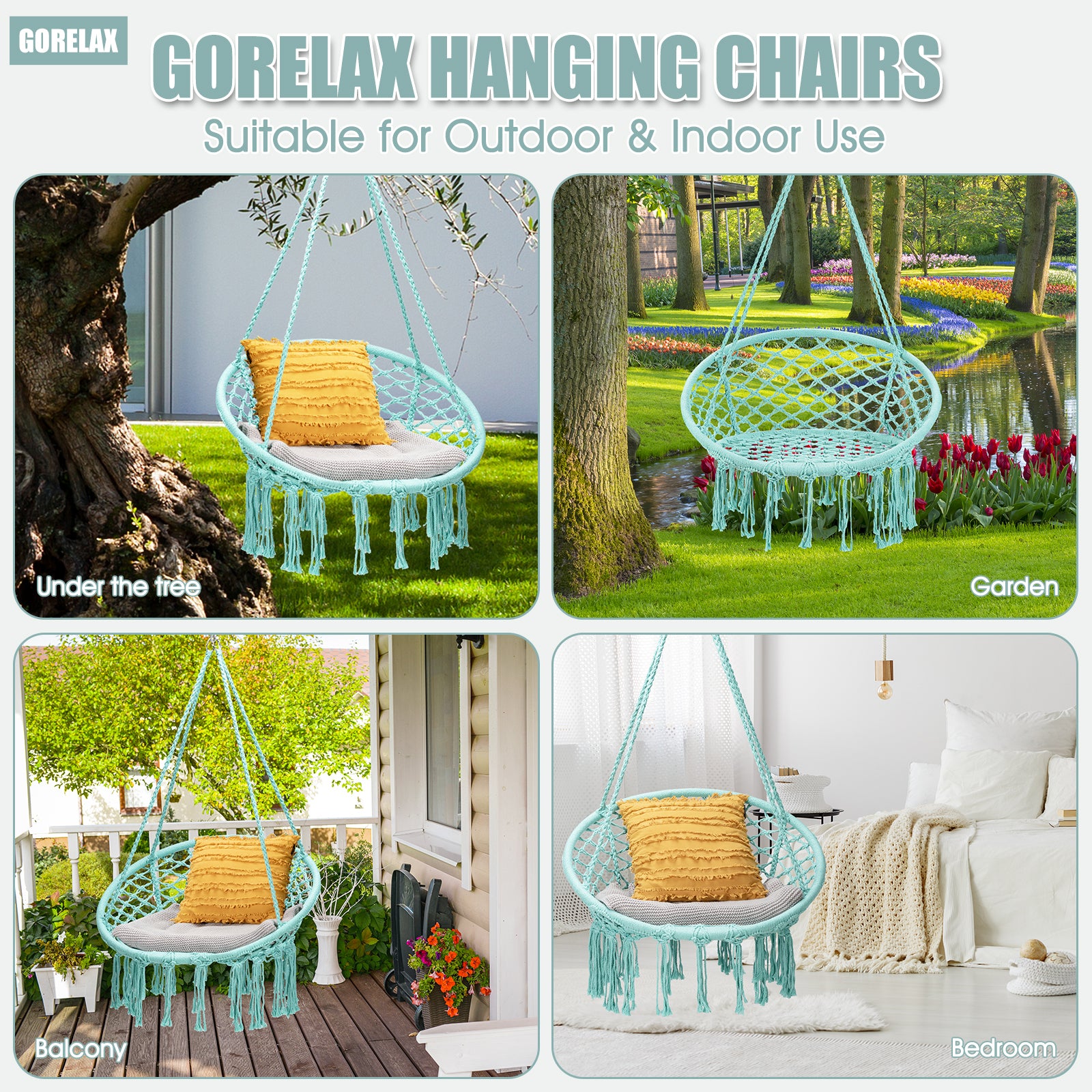 Hanging Macrame Hammock Chair with Handwoven Cotton Backrest-TurquoiseÂ