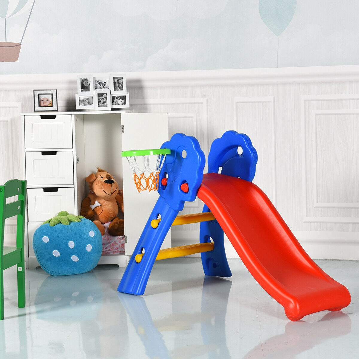 2 Step Indoors Kids Plastic Folding Slide with Basketball HoopÂ