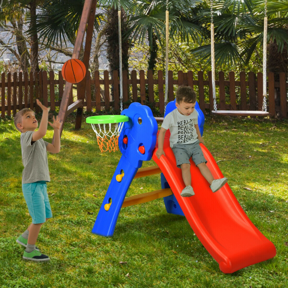 2 Step Indoors Kids Plastic Folding Slide with Basketball HoopÂ