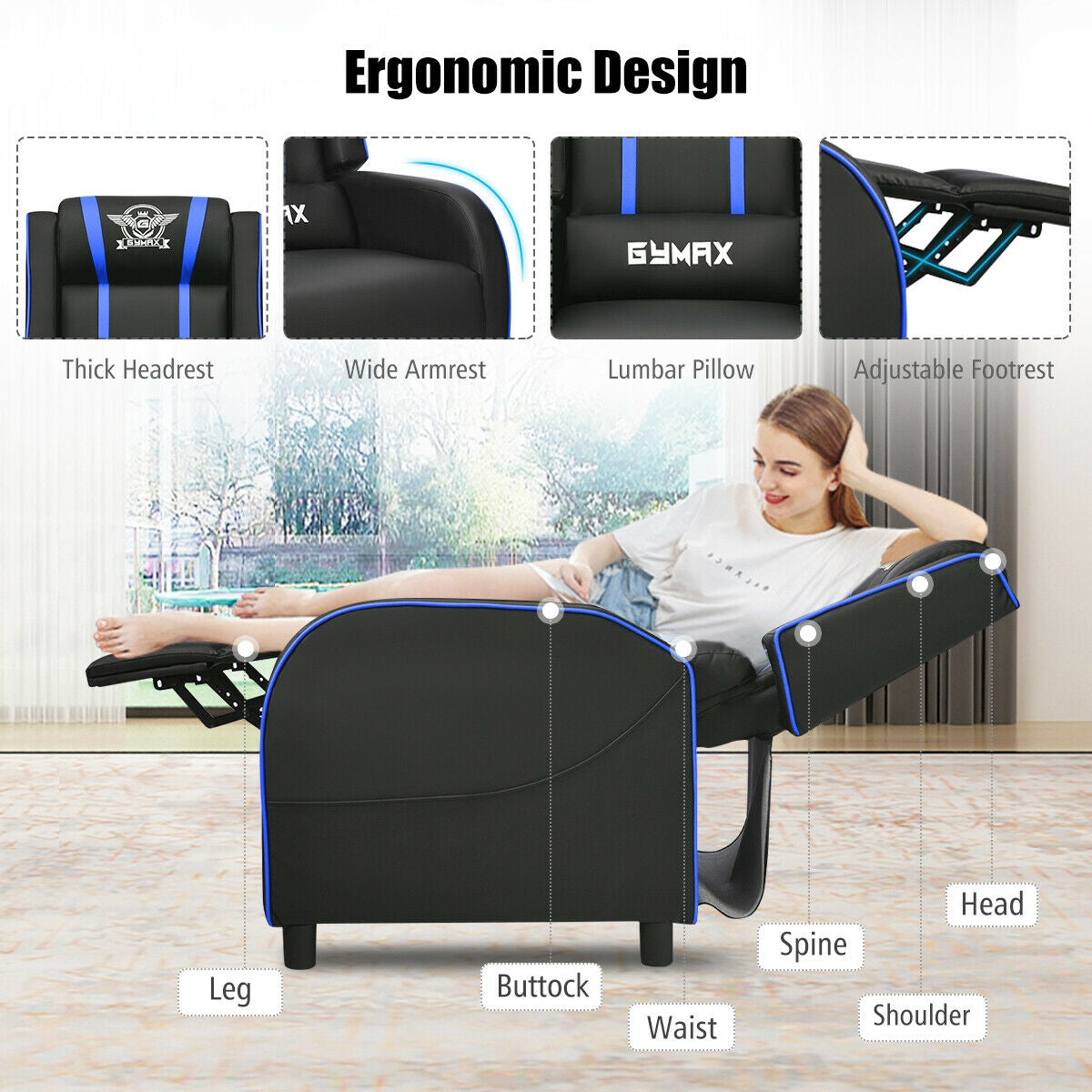 Massage Racing Gaming Single Recliner Chair-BlueÂ
