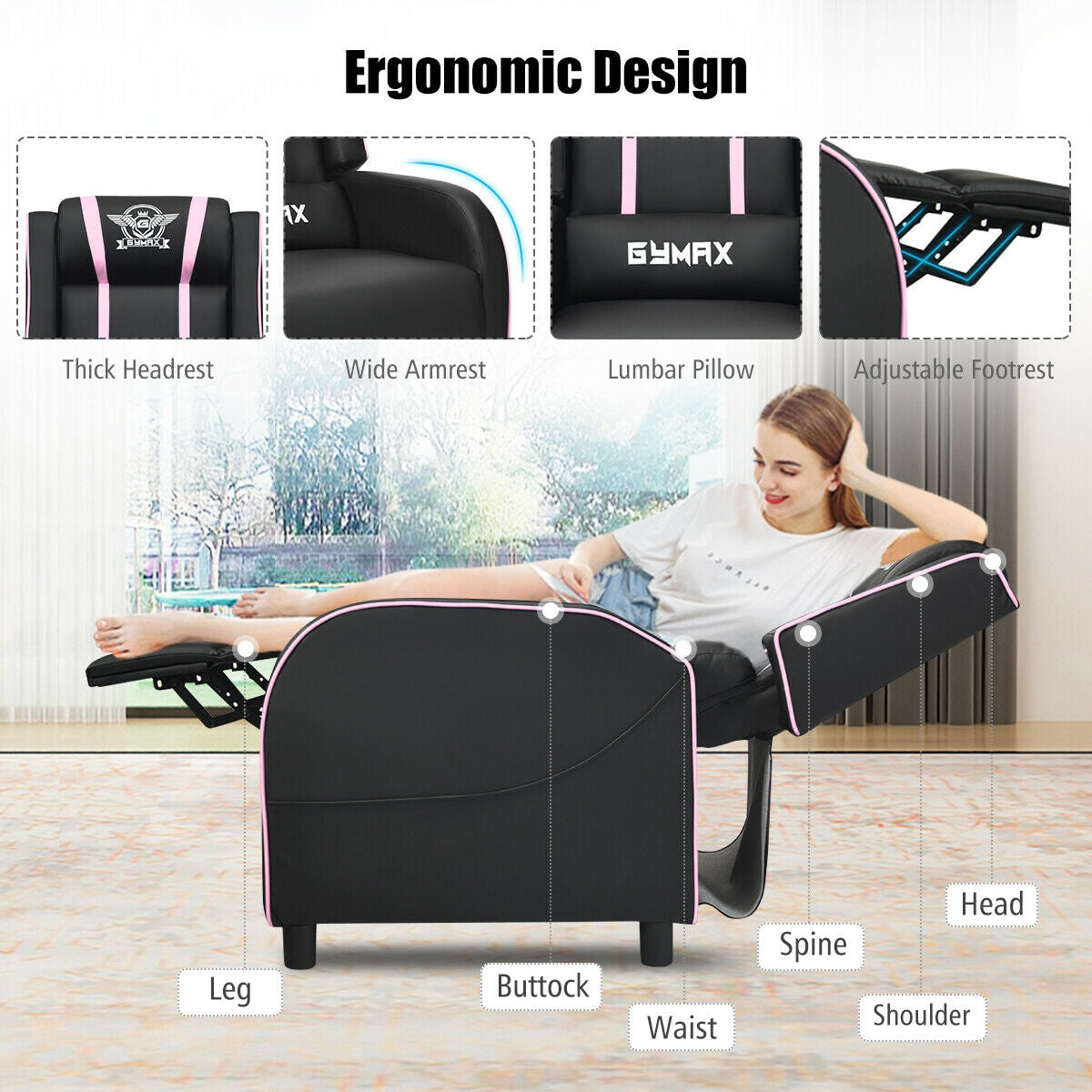 Massage Racing Gaming Single Recliner Chair-PinkÂ