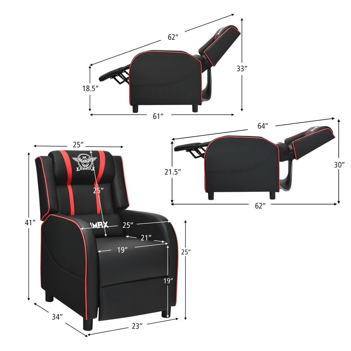 Massage Racing Gaming Single Recliner Chair-RedÂ
