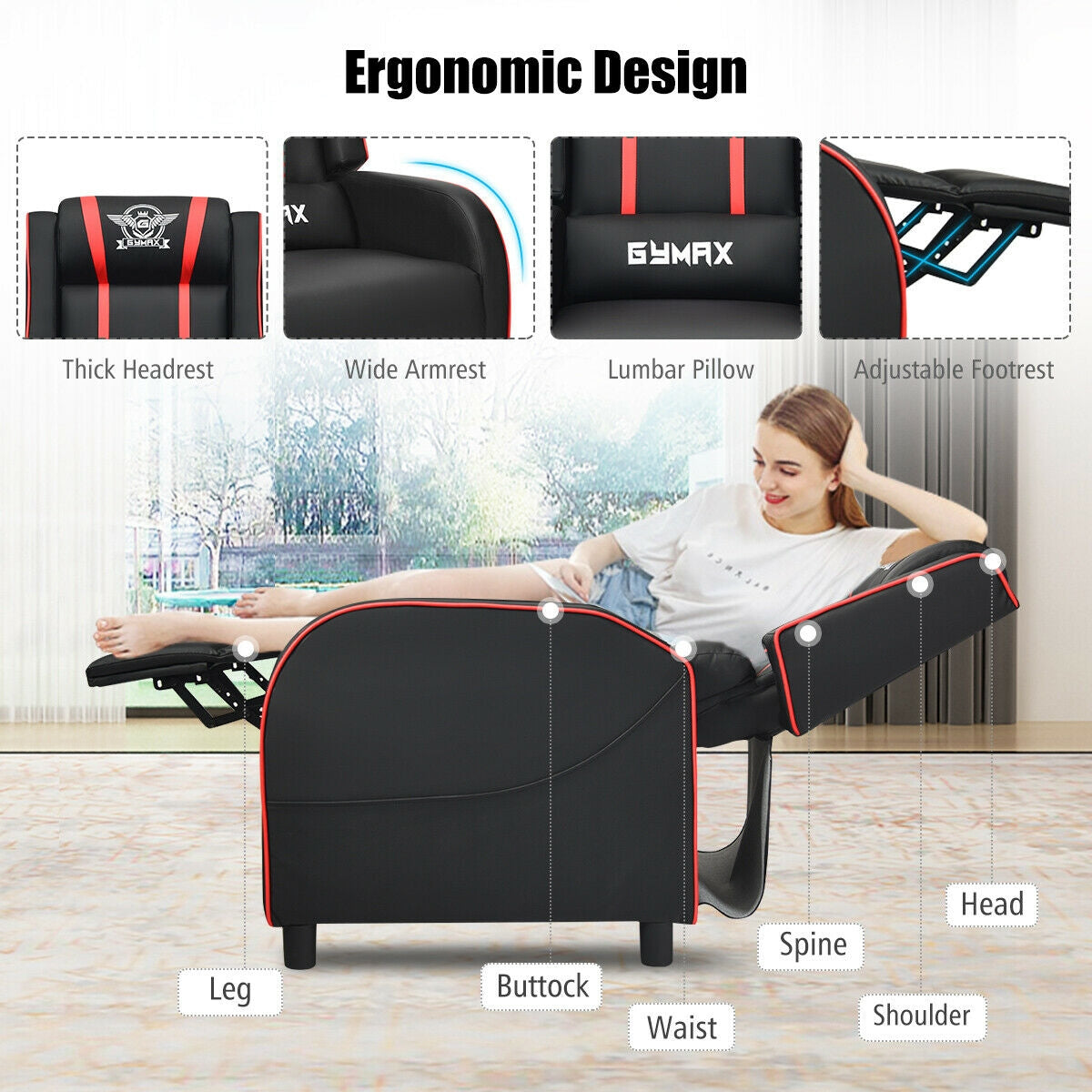 Massage Racing Gaming Single Recliner Chair-RedÂ