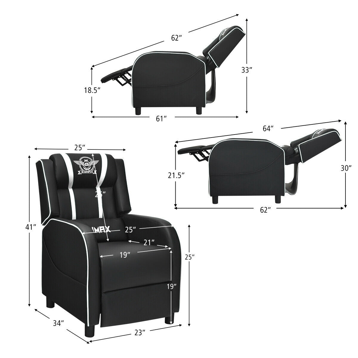 Massage Racing Gaming Single Recliner Chair-WhiteÂ