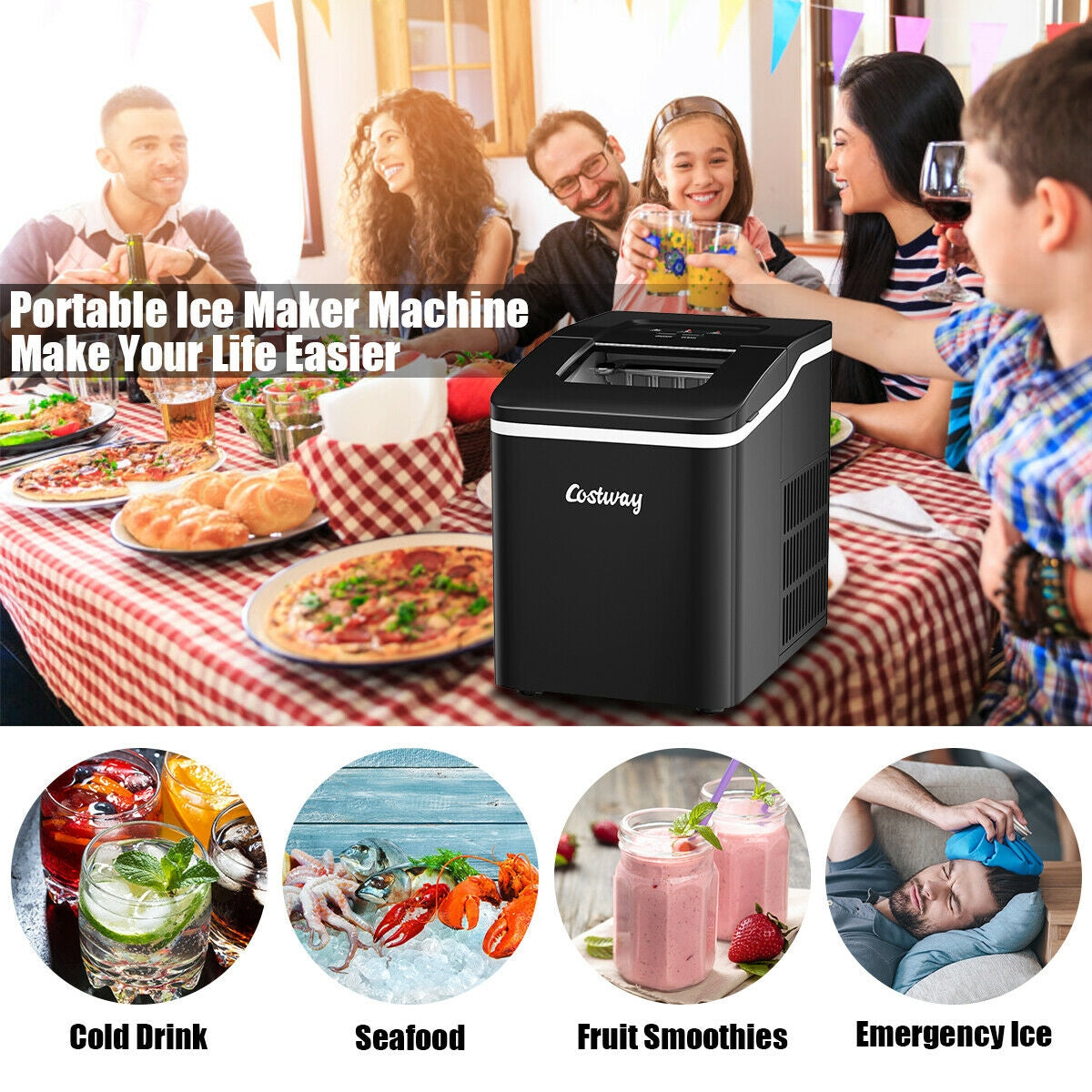 26lbs/24h Portable Countertop Ice Maker Machine with Scoop 9 Ice Cubes Ready in 8 minutes-BlackÂ