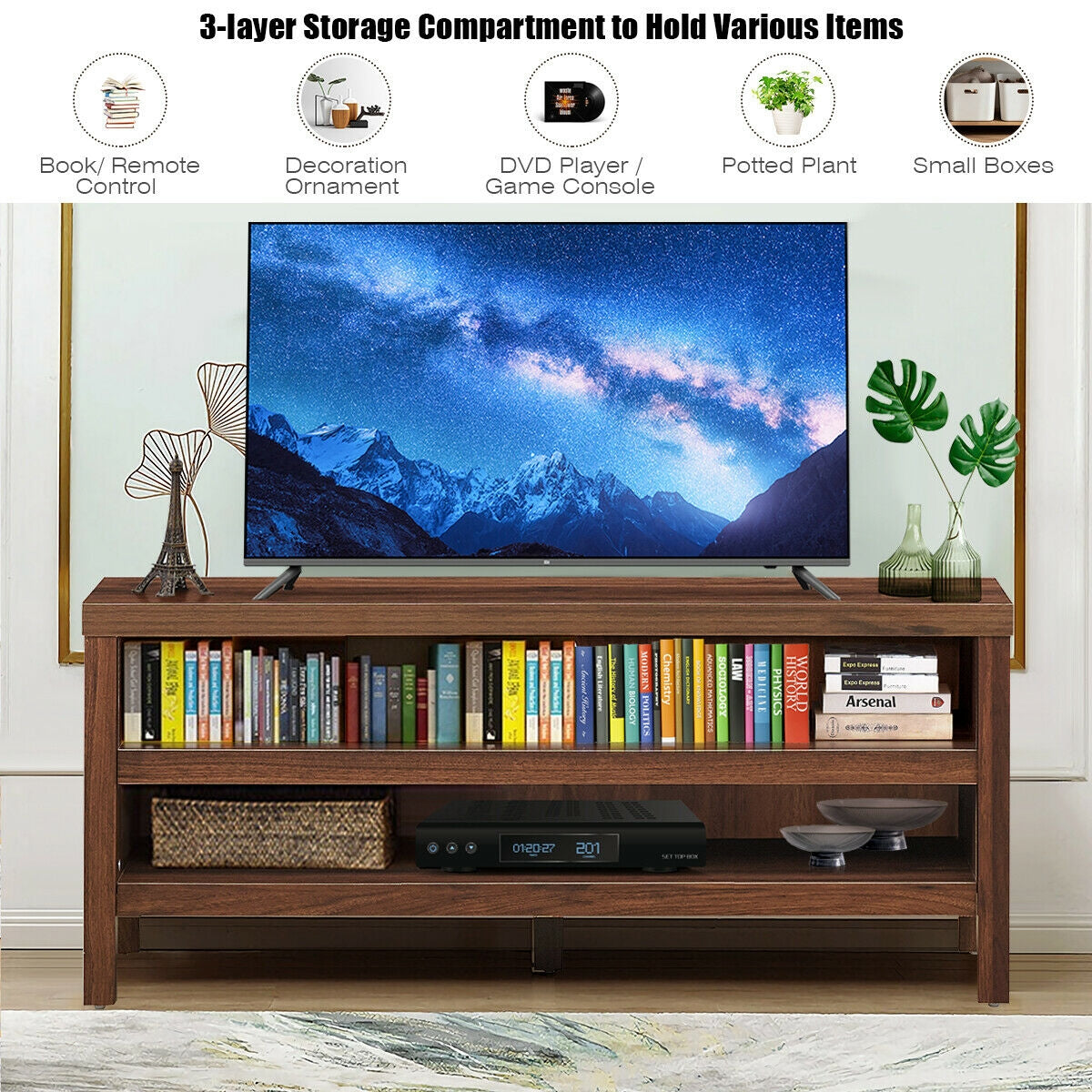 3-Tier TV Stand Console Cabinet for TV's up to 45 Inch with Storage Shelves-WalnutÂ