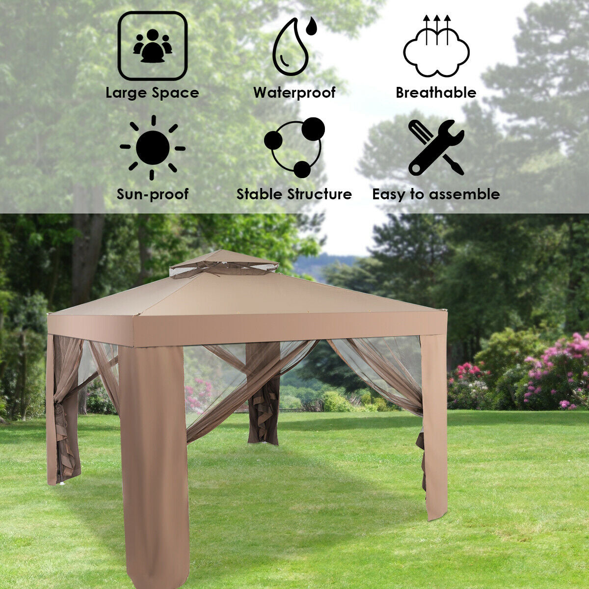 Canopy and Garden Structures Gazebo with Netting for Outdoors-BrownÂ