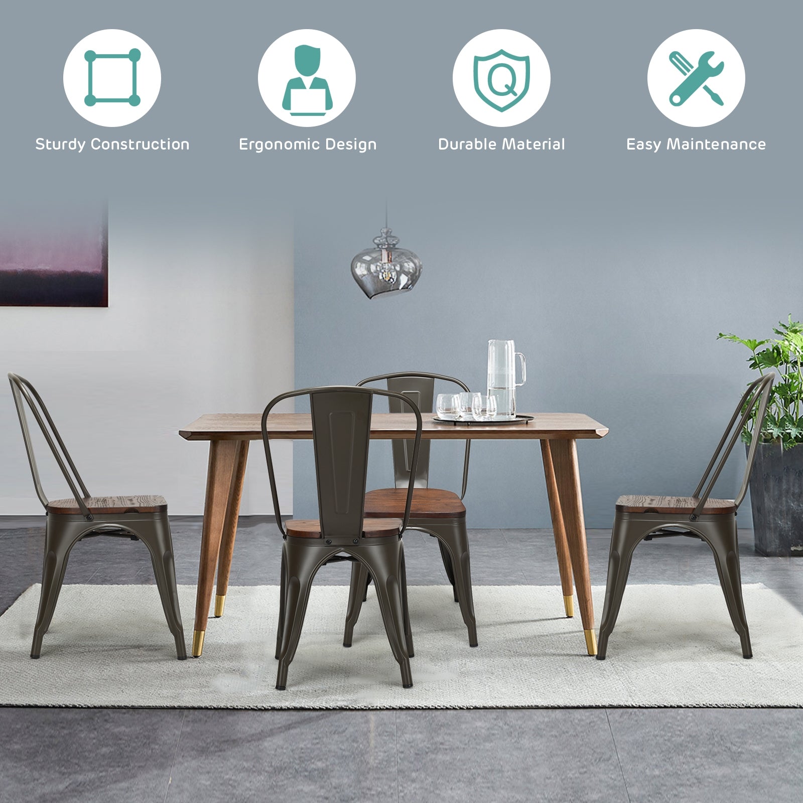 18 Inch Height Set of 4 Stackable Style Metal Wood Dining Chair-Dark GreenÂ