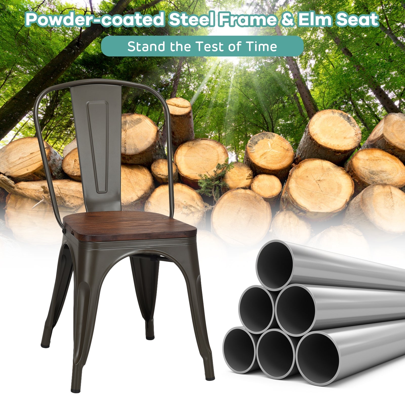 18 Inch Height Set of 4 Stackable Style Metal Wood Dining Chair-Dark GreenÂ