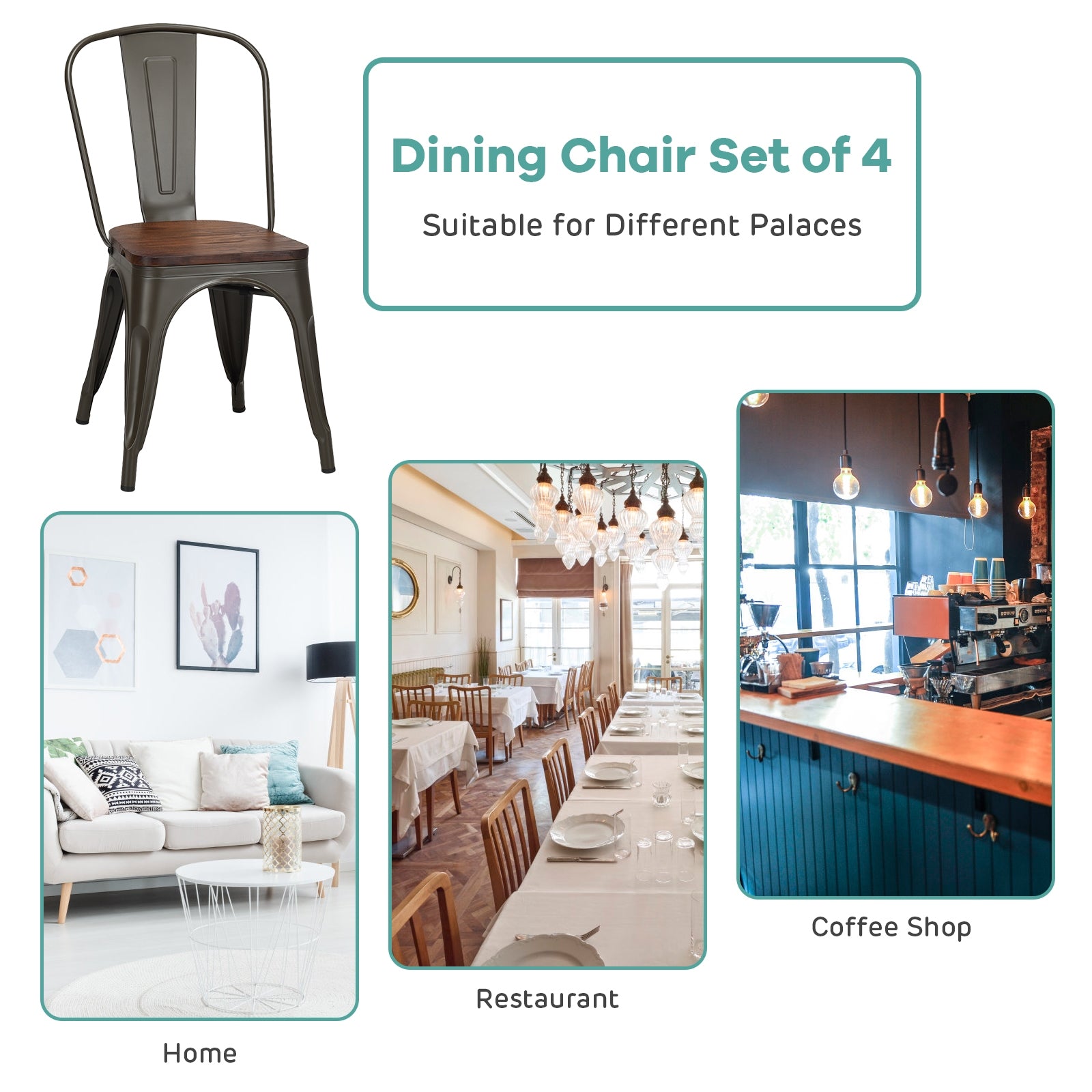 18 Inch Height Set of 4 Stackable Style Metal Wood Dining Chair-Dark GreenÂ