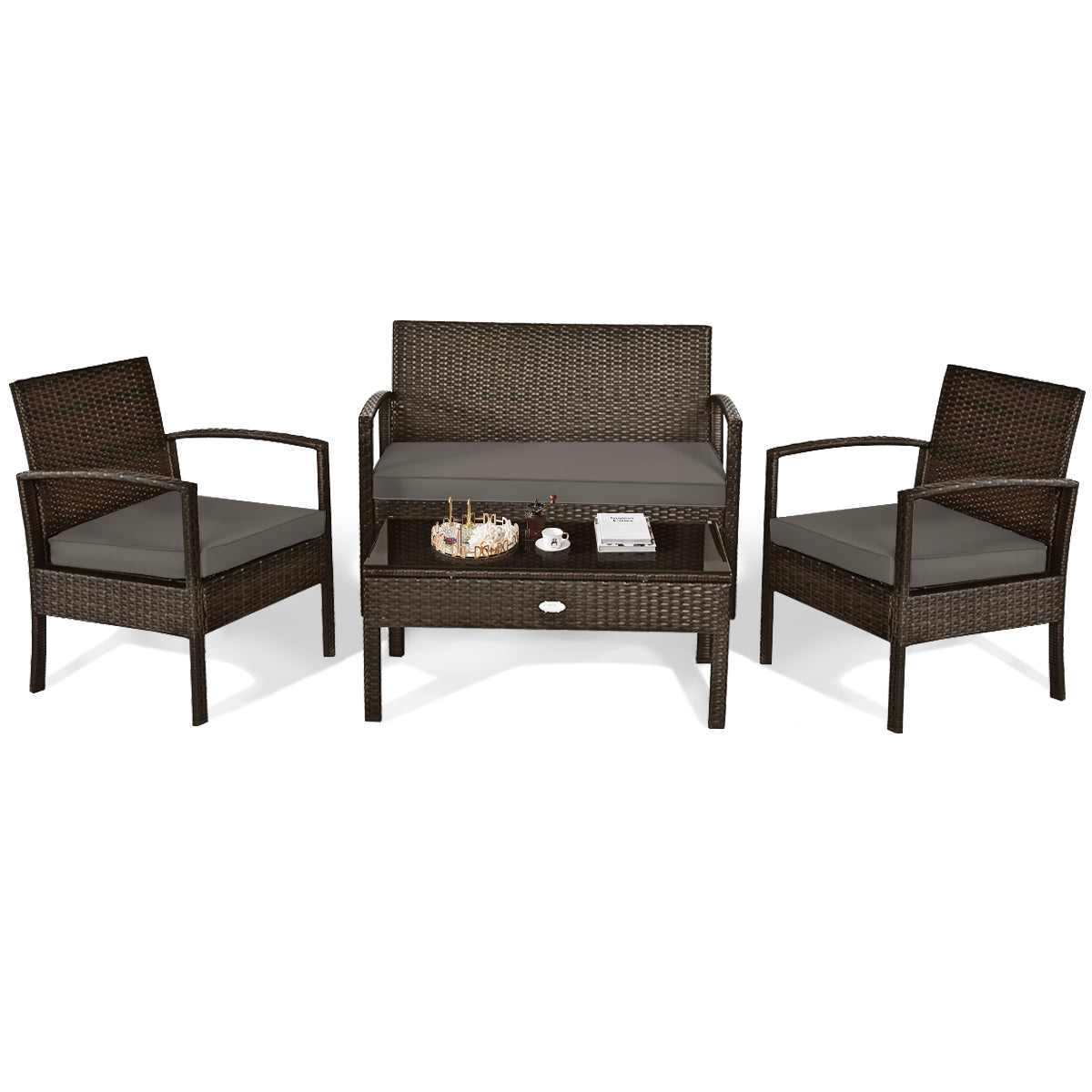 4 Pieces Patio Rattan Cushioned Furniture Set with Loveseat and Table -BrownÂ