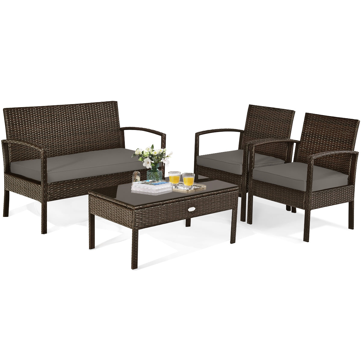 4 Pieces Patio Rattan Cushioned Furniture Set with Loveseat and Table -BrownÂ