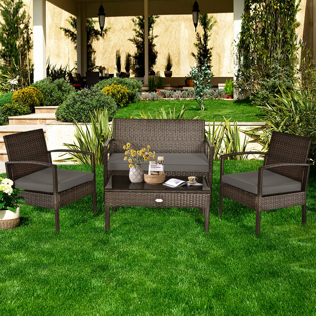 4 Pieces Patio Rattan Cushioned Furniture Set with Loveseat and Table -BrownÂ