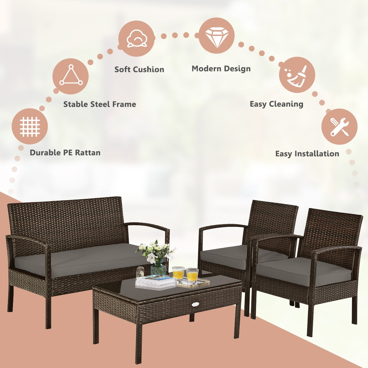 4 Pieces Patio Rattan Cushioned Furniture Set with Loveseat and Table -BrownÂ