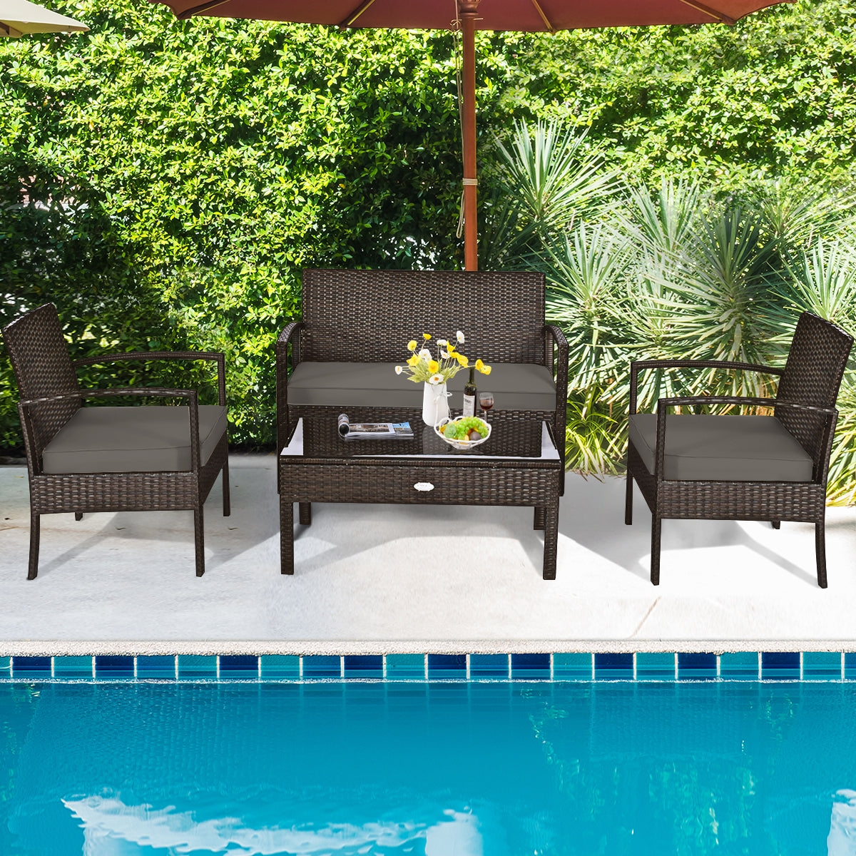 4 Pieces Patio Rattan Cushioned Furniture Set with Loveseat and Table -BrownÂ