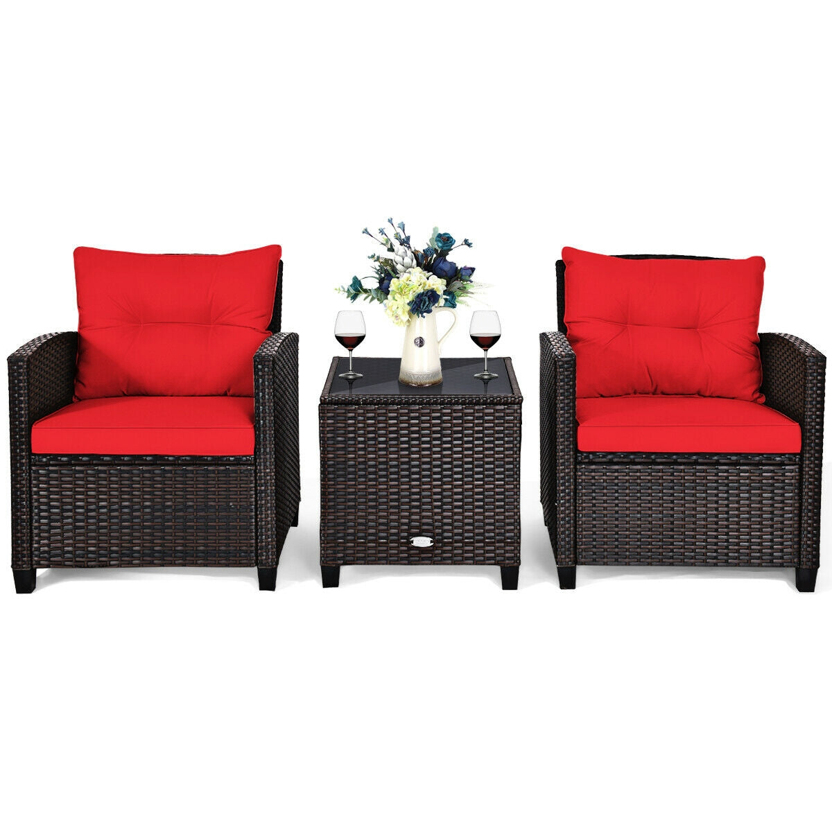 3 Pieces Cushioned Rattan Patio Conversation Set with Coffee Table-RedÂ