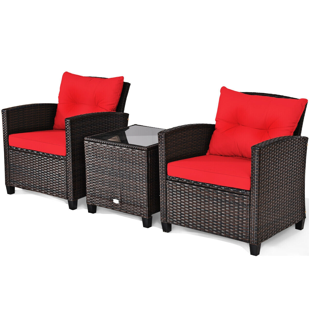 3 Pieces Cushioned Rattan Patio Conversation Set with Coffee Table-RedÂ