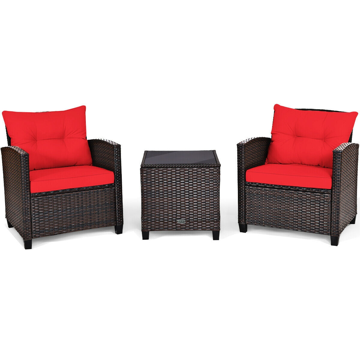 3 Pieces Cushioned Rattan Patio Conversation Set with Coffee Table-RedÂ