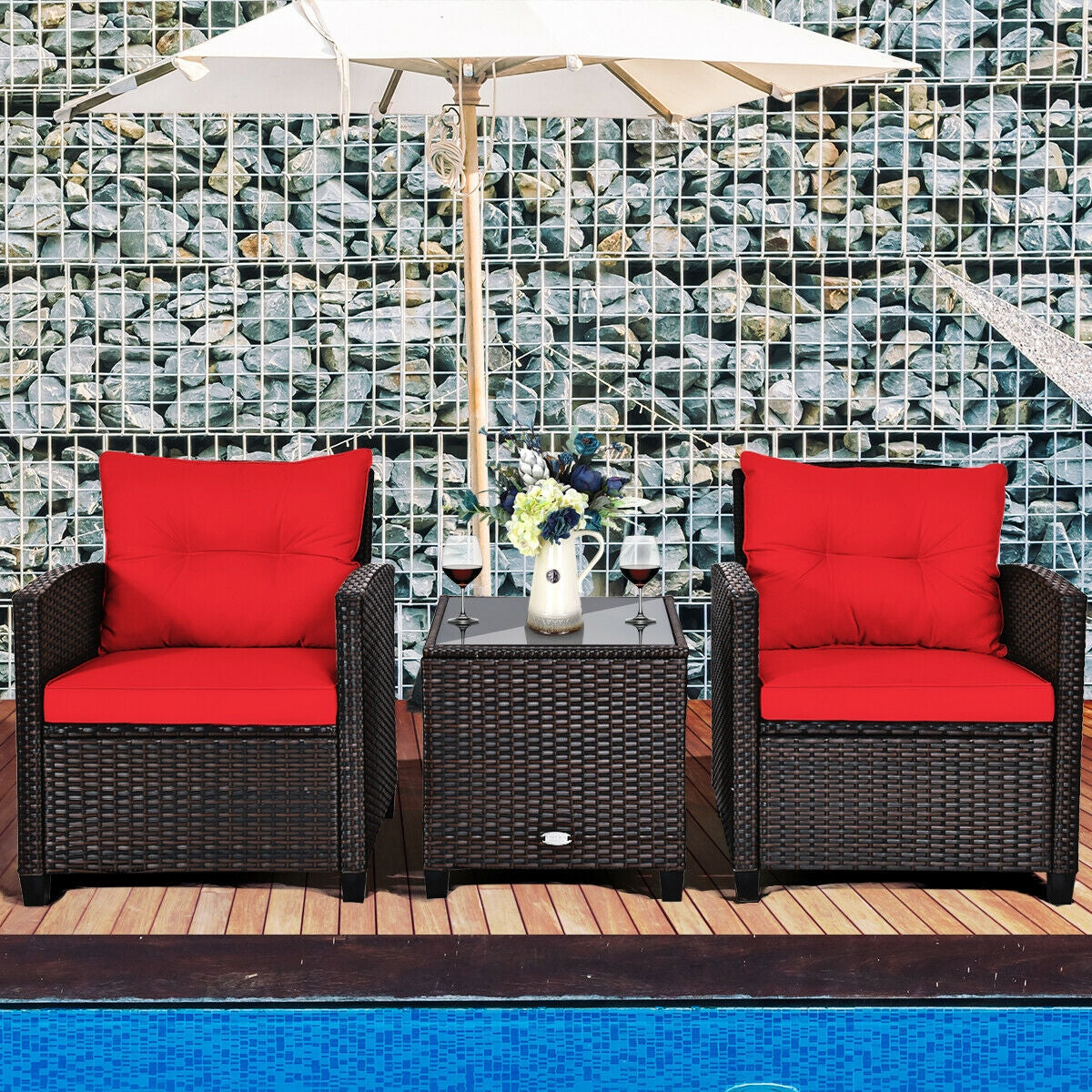 3 Pieces Cushioned Rattan Patio Conversation Set with Coffee Table-RedÂ